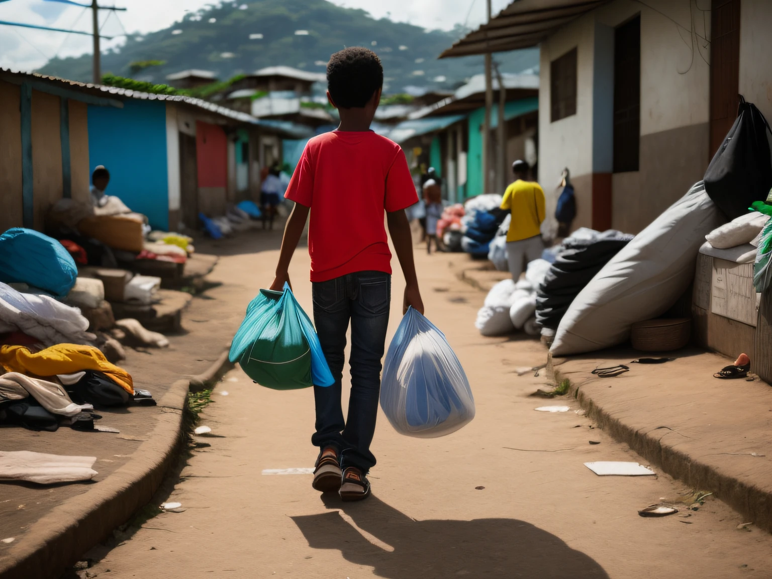Black boy facing backwards holding bags in a Brazilian favela.