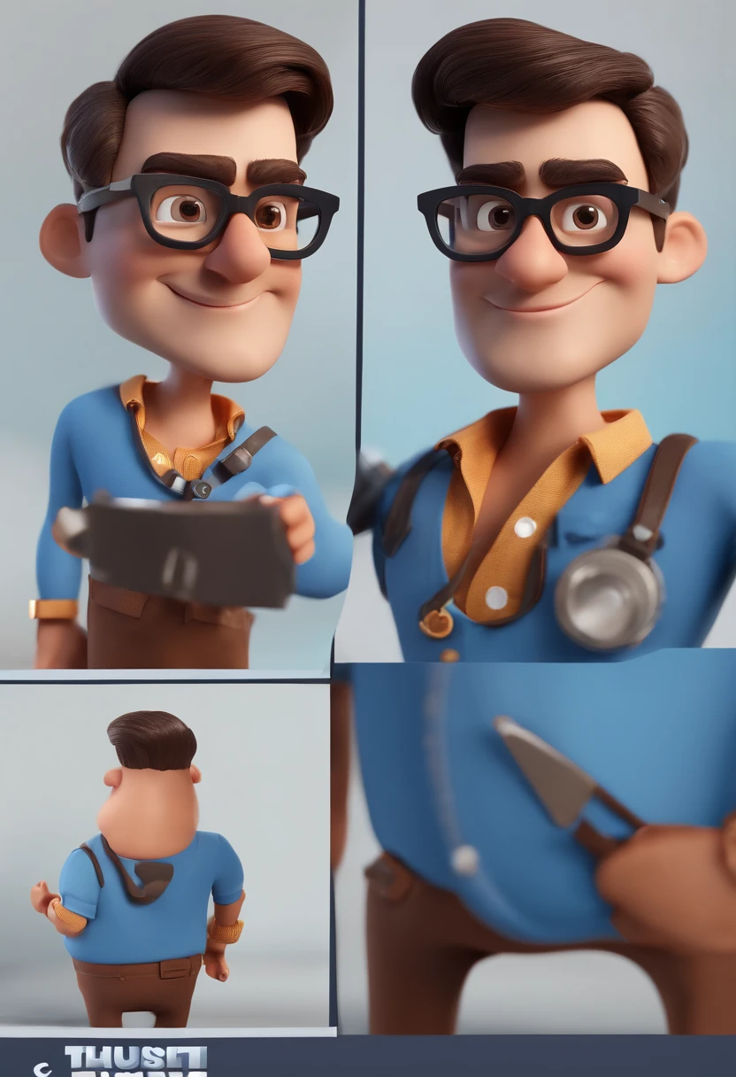 Cartoon character of a man with black glasses and a blue shirt, animation character, Caractere estilizado, animation style rendering, 3D estilizado, Arnold Maya render, 3 d render stylized, toon render keyshot, Personagem 3D, Personagem 3D, 3d rendering stylized, 3 d character render, personagem de desenho animado, Personagem de close up, Pose de personagem, (Estilo Pixar) (master part:1.2) (Bokeh) (best quality) (pele detalhada) (textura detalhada) (8k) (argila) (Cinematic lighting) (foco nítido