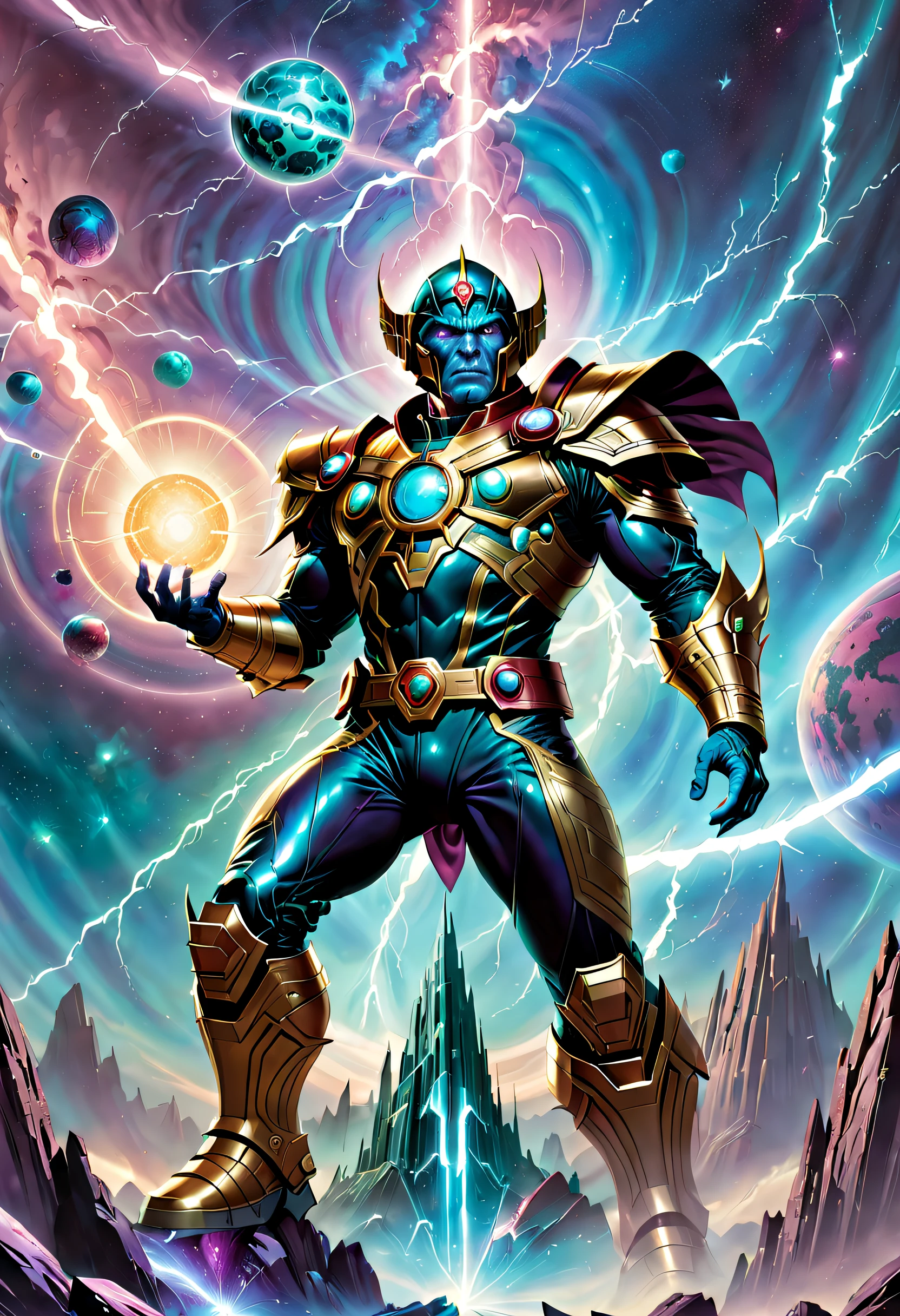 Marvel Heroes Planet Devourer，The giant Devourer of Planets reaches out and grabs you, milky ways, Marvel's dark supervillain, the Devourer of Planets, wears a mechanical costume，celestial armor，glittery, The sky was surrounded by lightning, The God of Darkness sits on Tron, full portrait of electromancer, Galactus from Marvel, psionic, Raziel，inspired by Joe Jusko, mark brooks detailed, Asgard German, Moebius, Art germ，overlooks，Look from the bottom up，mini city，Small building