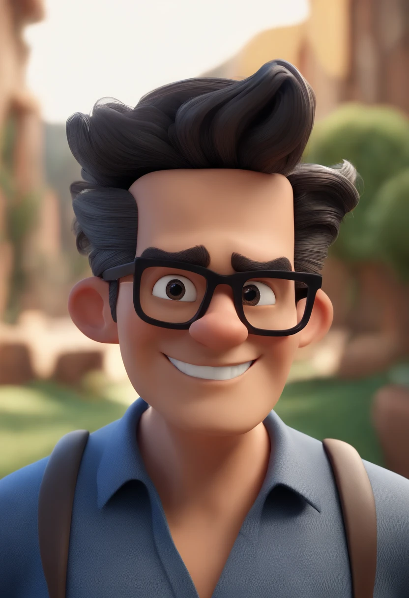 Cartoon character of a man with black glasses, cabelo cacheado marrom escuro e uma camisa azul, animation character, Caractere estilizado, animation style rendering, 3D estilizado, Arnold Maya render, 3 d render stylized, toon render keyshot, Personagem 3D, Personagem 3D, 3d rendering stylized, 3 d character render, personagem de desenho animado, Personagem de close up, Pose de personagem,  (Estilo Pixar) (master part:1.2) (Bokeh) (best quality) (pele detalhada) (textura detalhada) (8k) (argila) (Cinematic lighting) (foco nítido