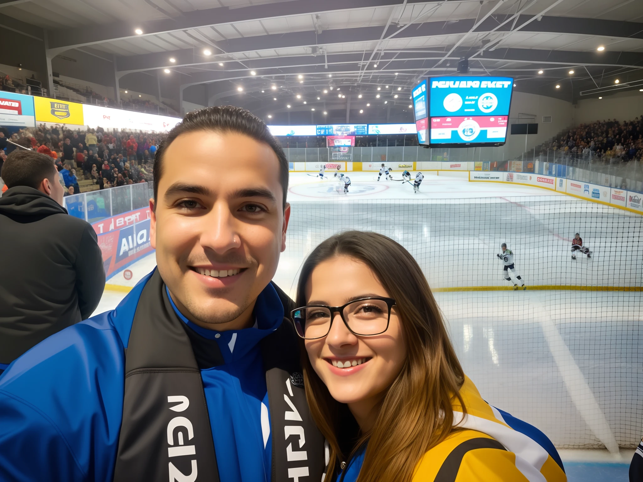 They are posing for a photo in front of a hockey rink, Postagem no Reddit, divertindo-se, Espoo, imagem de perfil, 8k!, standing in an arena, Foto Octane 8K, Divirta-se, imagem do avatar, foto de perfil, Postagem 4k, 4 k post, parecendo feliz, octa 8k |, tiro interno, album photo