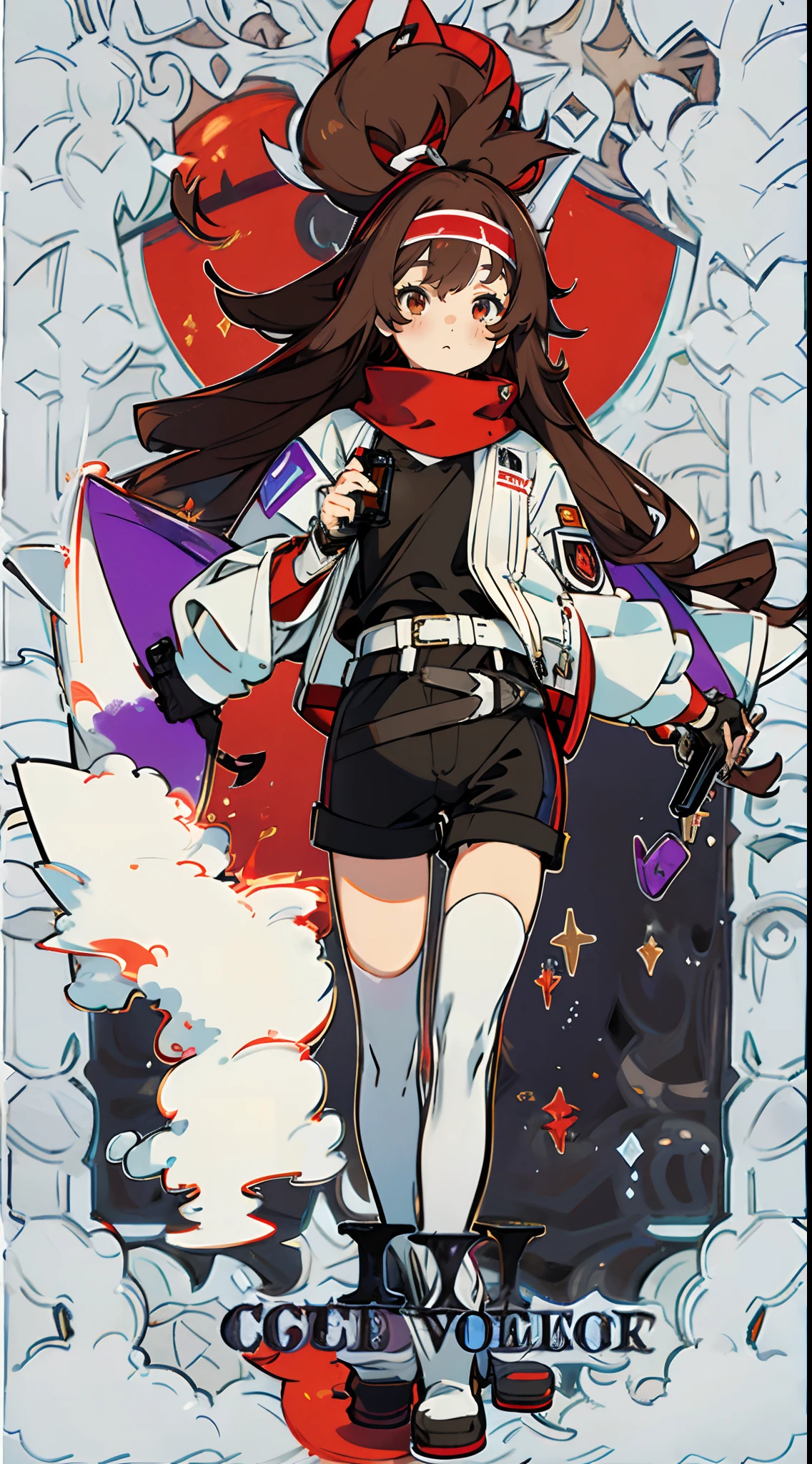 1girl in, Brown hair long hair, Eyes are purple, tall, small tits, have a handgun, White Outerwear, Black shirt, Black shorts, a belt on the thighhigh, White long boots, ciber, She wears a red headband, The image color is purple, heroes