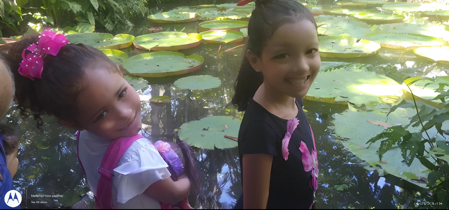 There are two girls next to each other near a pond, lily pads, lily pad, em um ambiente de selva, lotus pond, em uma lagoa, waterlily pads, waterlily pond, standing on a lotus, Pic, lily pad, em uma selva, lying on lily pad, standing in a botanical garden, na selva, Lillies, Next from Pond