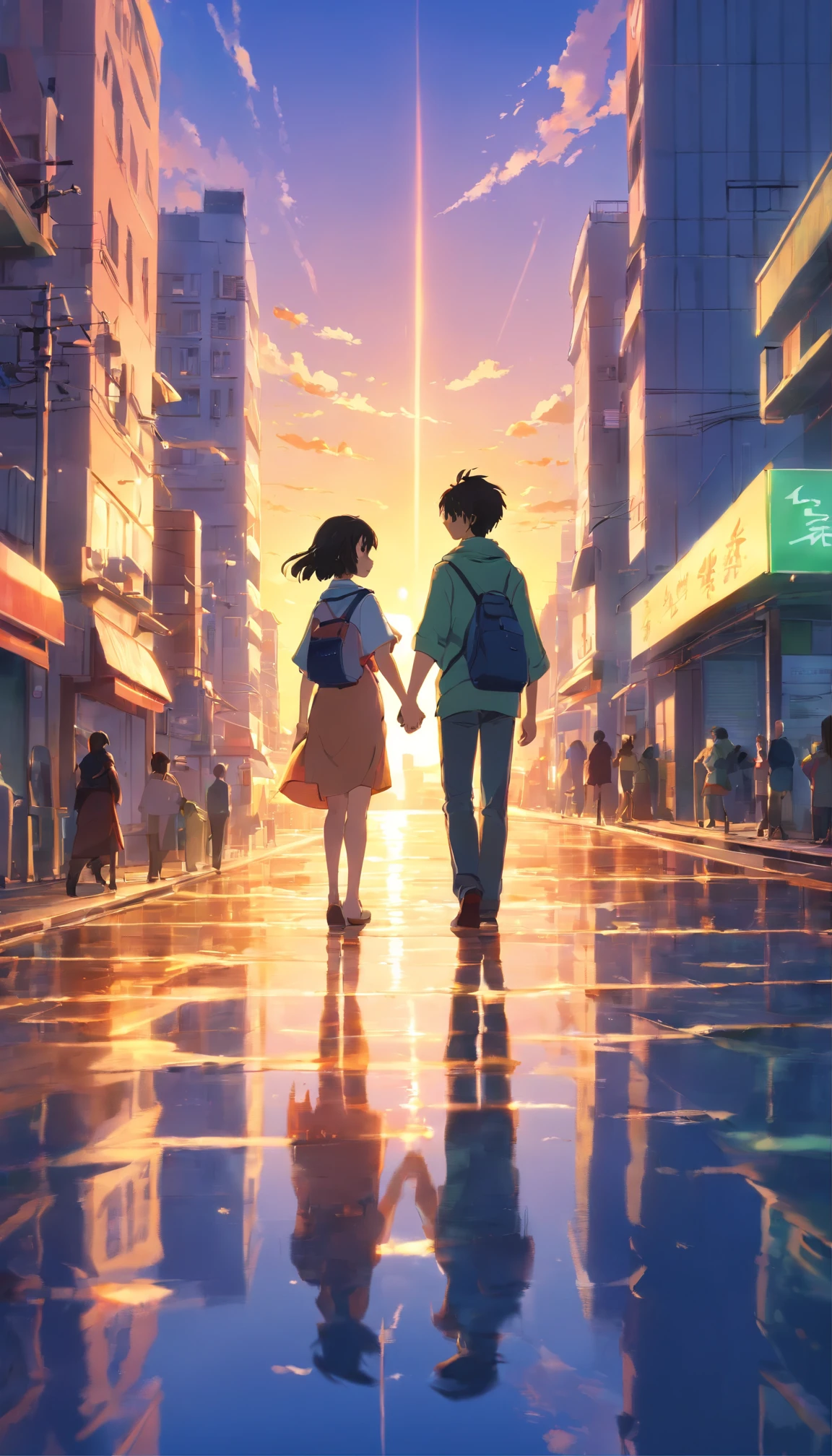Sunset in the city, vivid colors, ultra-detalhado, best quality, HDR, Altas, retrato, paisagem urbana, tons quentes, vibrant sky, Cinematic lighting, ruas movimentadas, tall buildings, janelas brilhantes, Silhouette of a couple holding hands, Reflecting light on water, Shadows Dramatic, Skyline da cidade, Busy traffic, Hora de Ouro, Soft lighting and Warm, Candeeiros de rua, montanhas distantes, peaceful atmosphere, beleza urbana