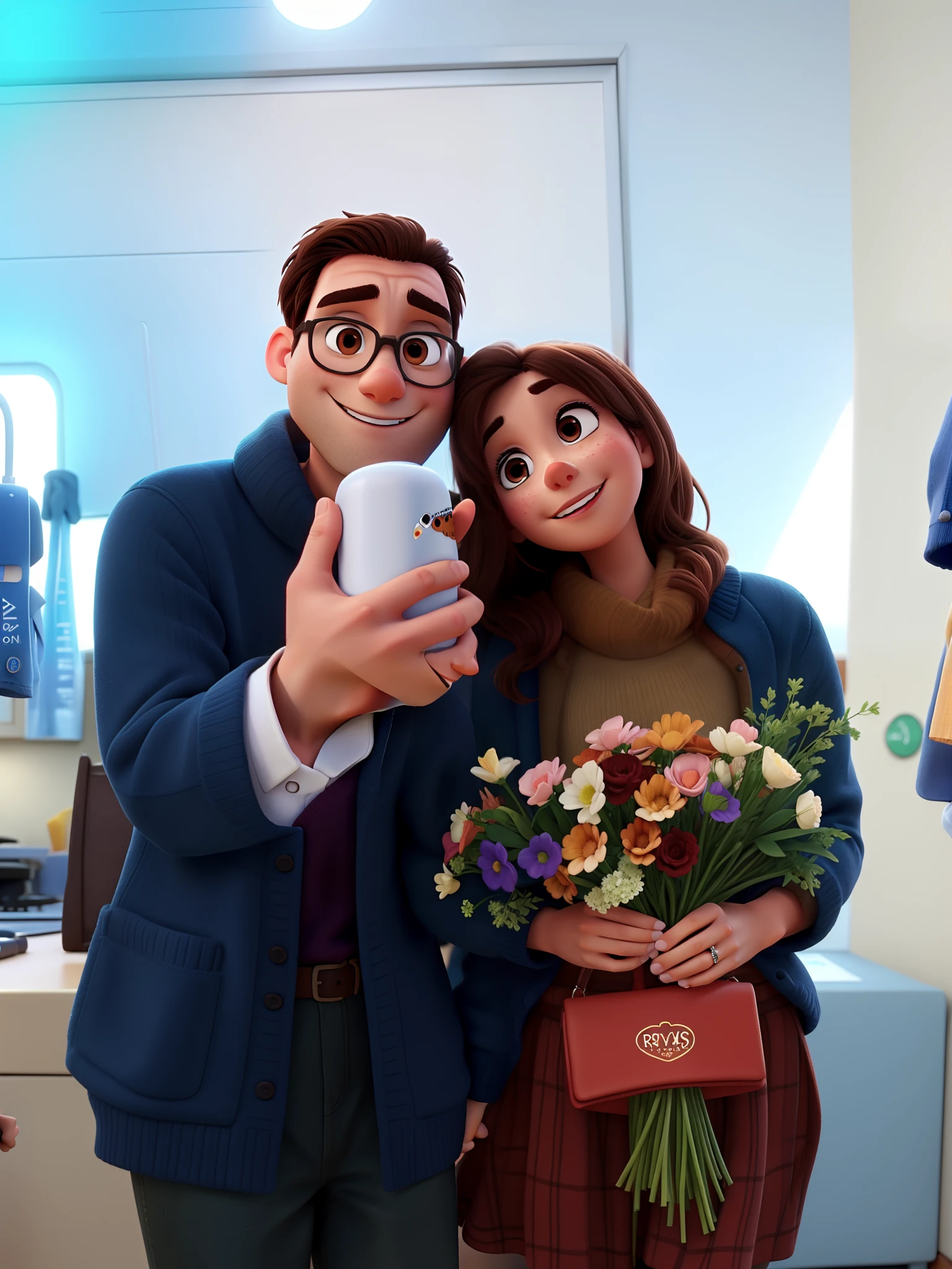 Couple with brown eyes holding hands pixar style