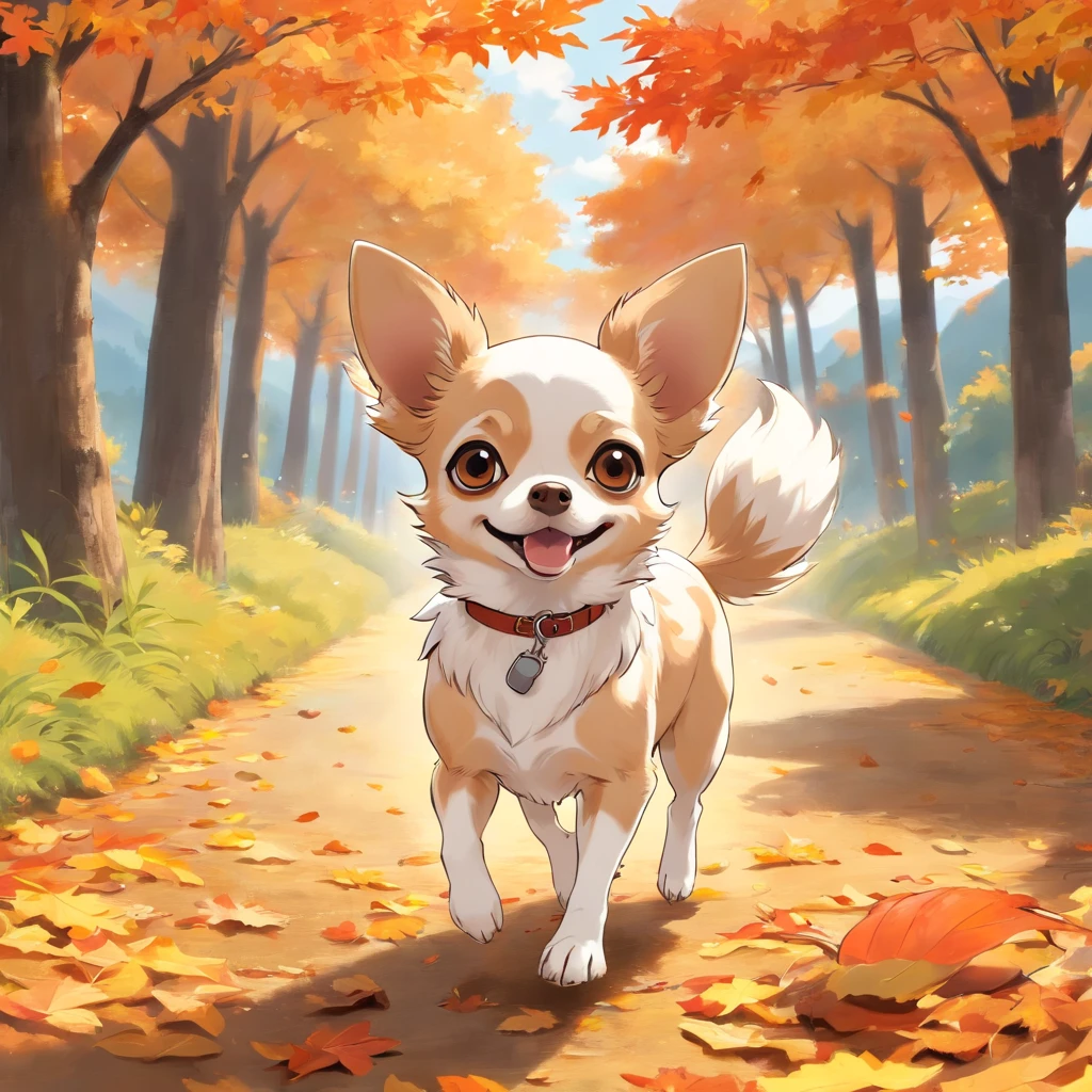 Chihuahua, white with brown spots on the sides of the head,Runs,autumn,jour