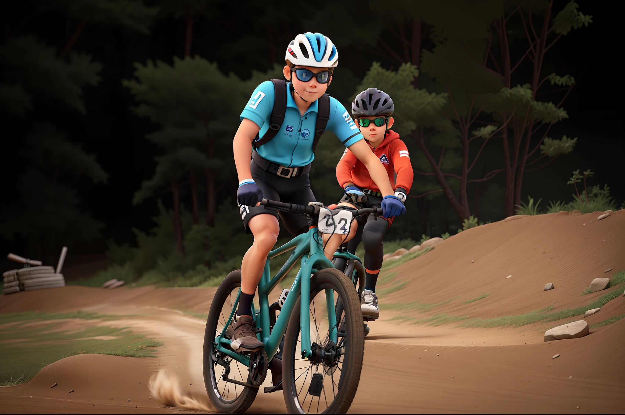 Cyclist boy competing in a marathon dirt road in cycling goggles with tire on brown belt bike