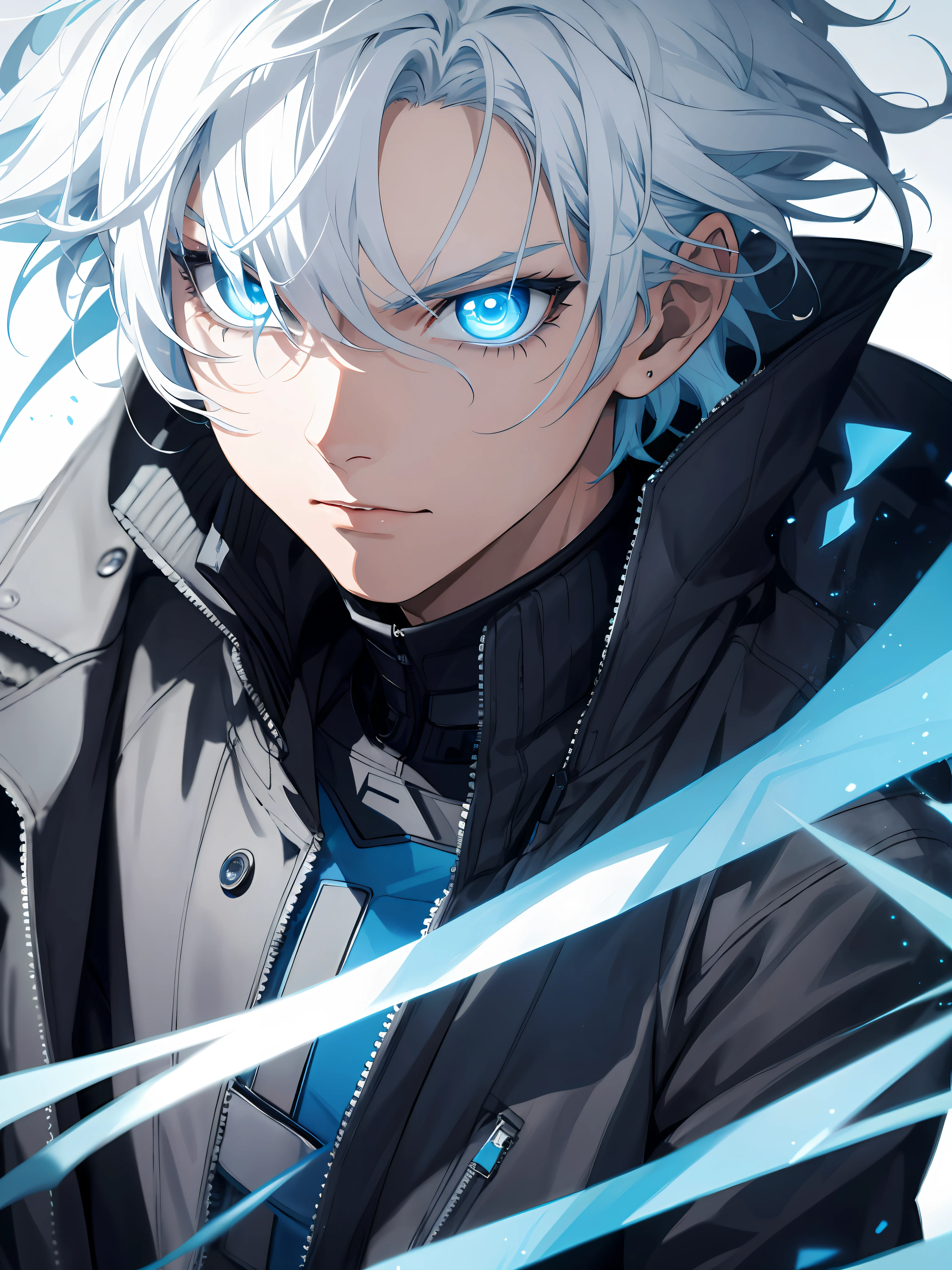 1boy,wearing a black jacket with blue energy running throughout the jacket,white hair,close up shot, futuristic mouth mask,blue outlines on the jacket,deep blue eyes, wavy messy unkept hair, ultra detailed eyes, glowing eyes, highest quality digital art, Stunning art, wallpaper 4k, highly detailed,BREAK
