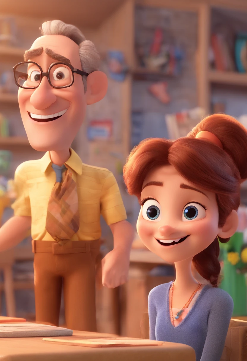 An illustration of an adorable 50-year-old couple, it featured a smiling white man and a white woman with beautiful expressive eyes – the man's skin is white and the man's hair is white, while the woman's skin is white and the woman's hair is straight with white streaks. They are a bright room, each with a smile on their face, a special moment characterized by love, insights. Illustrate this scene from a perspective where they are facing the camera, smiling and showing your connection. Develop this artwork in Full HD, Focus on Your Cinematic Touch, Disney Pixar Animations Style, 3D Animated Movie Poster, Animated Movie Poster, Pixar 3D Animation Style, Pixar Renderer Rendering, Animated Movie, Disney Pixar 3D Style
