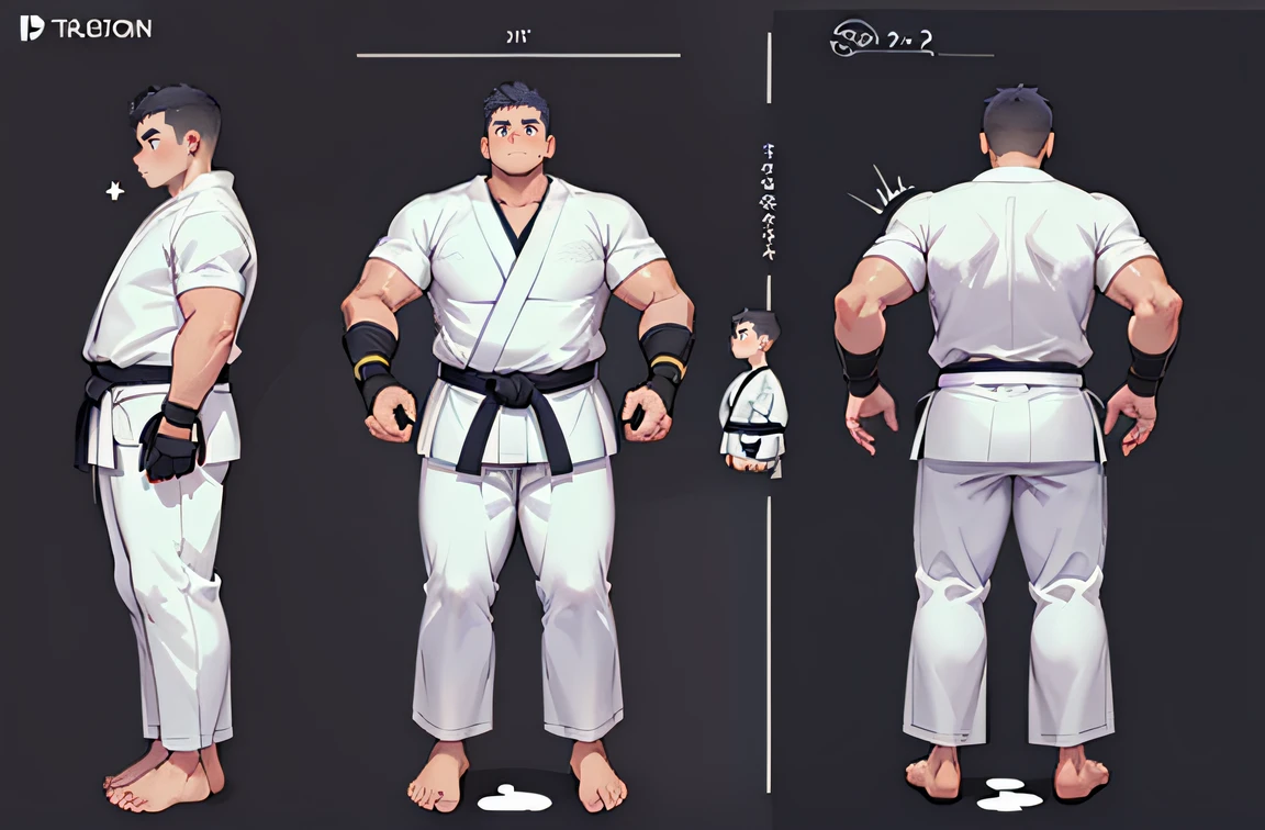 ((1boy_only)), charturnerv2, character_turnaround, character_sheet, ((3views)), reference_sheet, (chubby:1.2, stocky:1.2), ((white judo gi)), ((same_character, same_outfit)), barefoot, ((long pants)), (bara:1.2), (shota:0.25), buzz_cut, full body shot, ((cool, cute, awesome)), (fingerless gloves), (chubby_face:0.8), (solid_background)