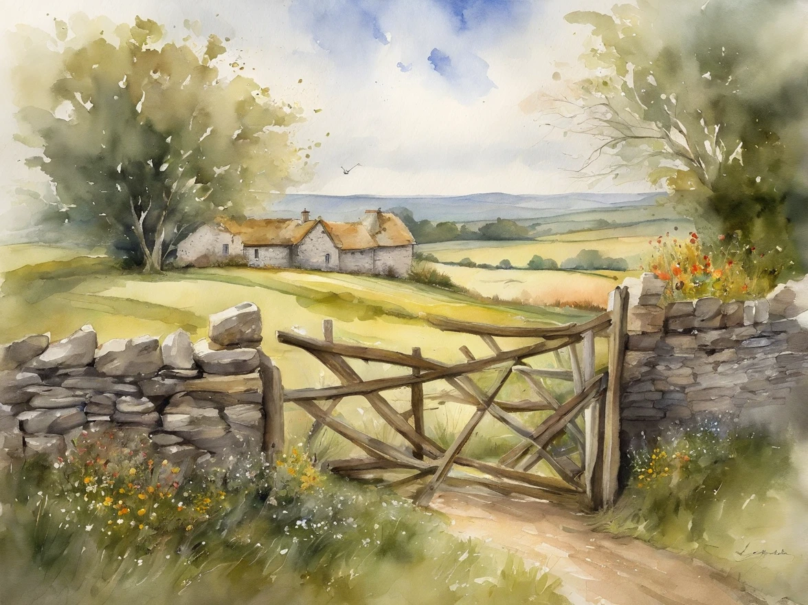 foreground wooden farm gate in old dry stone wall with grass and plants. middle ground English rural farmhouse and trees with a field in front with scattered wildflowers and a path to the gate. atmospheric sky in the background. hi res. realistic.