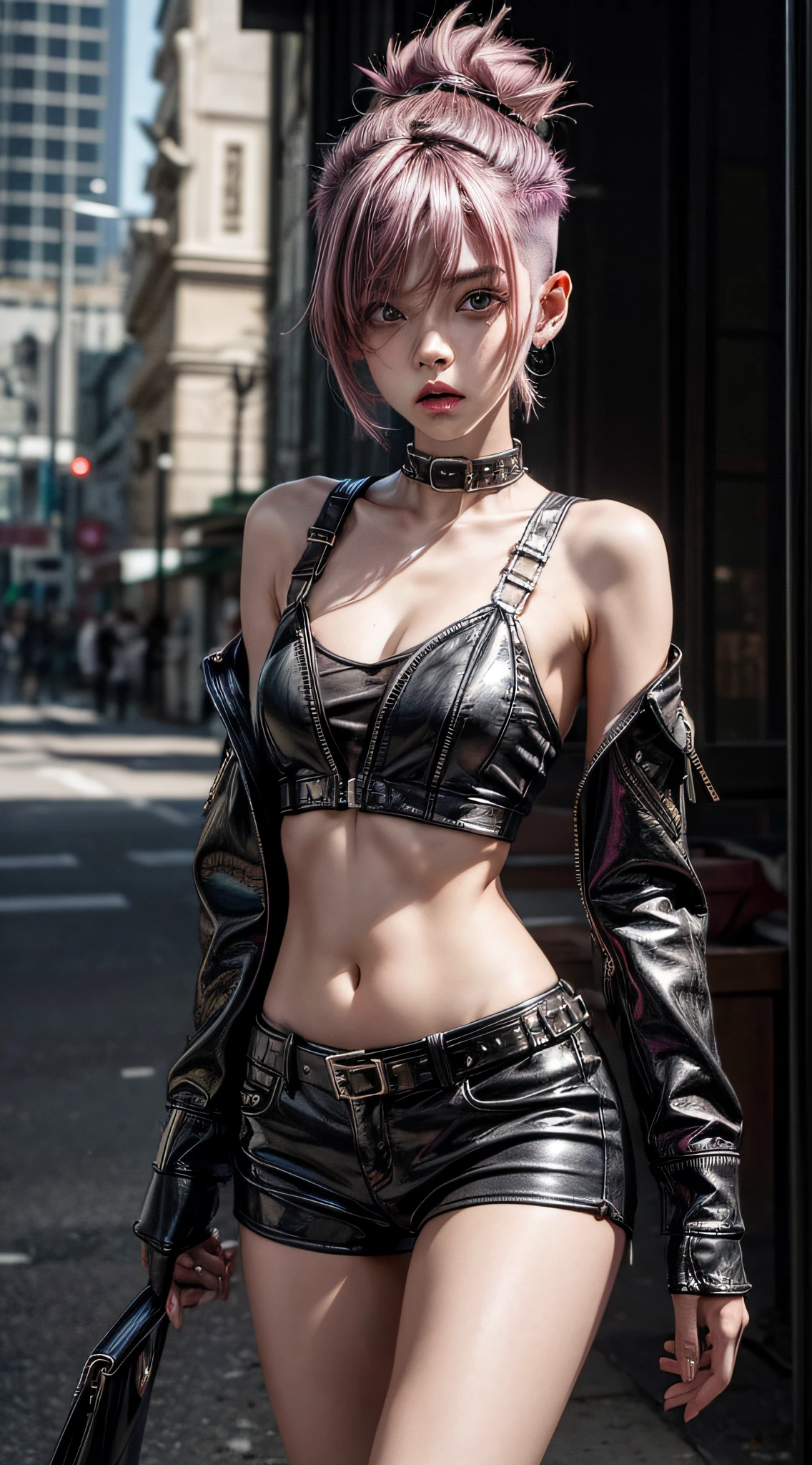 one girl, cocky, slutty, no bra, no shirt, leather jacket, punk rock, punk, eye contact, perky nipples, no panties, short skirt, horny, , small breasts, navel piercing, inviting, seductive