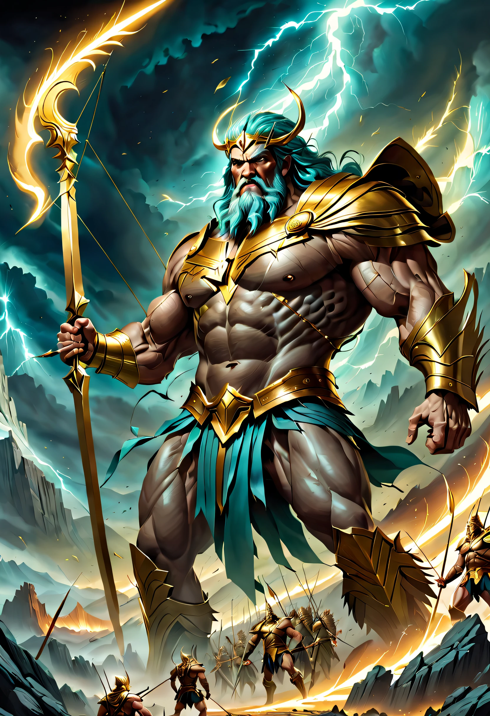 Battle of the Gods, The world was destroyed, Zeus and Hades are at war,(A giant Titan holds a bow,Get ready to shoot golden arrows,At the feet stood small soldiers),greek myth digital painting, Epic scenes of Ragnarok