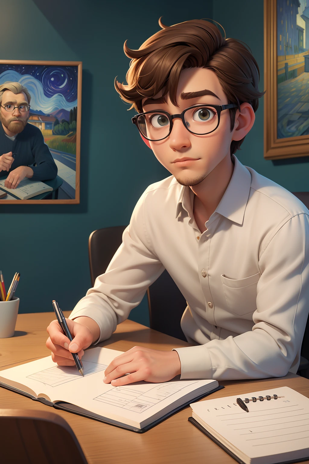 Quero um homem de desenho da pixar, baixinho, advogado, com cabelo bem curto e escuro, round glasses, branco, nariz pequeno e rosto redondo, Sitting at an office desk, Behind white wall with a small Van Gogh painting, na mesa um notebook