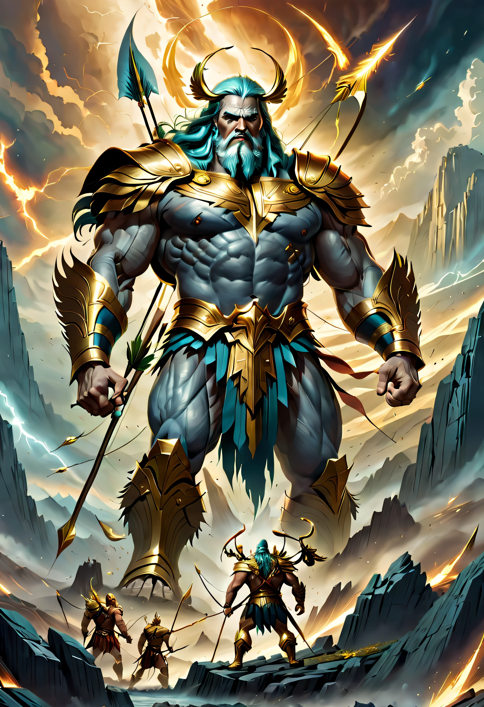 Battle of the Gods, The world was destroyed, Zeus and Hades are at war，(A giant Titan holds a bow，Get ready to shoot golden arrows，At the feet stood small soldiers)，greek myth digital painting, Epic scenes of Ragnarok