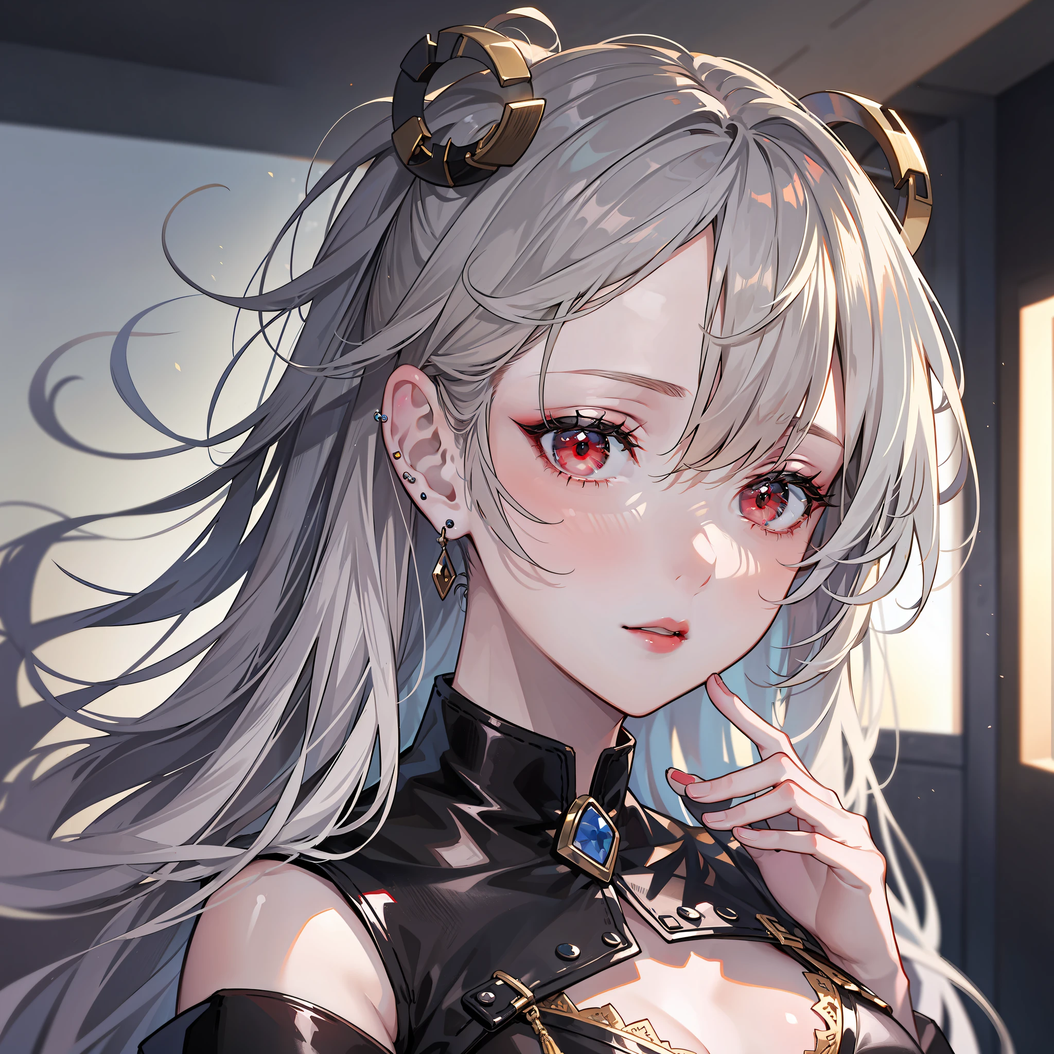 Kizi,(silber hair:1.5),Shiny hairstyle,Messy hairstyle,long whitr hair,耳Nipple Ring,(red - eyed:1.2),collofull eyes,Clear red lips,super detailing,Perfect face,Textured transparent garment,black uniforms,(perfect bodies:2.0),Retina Screen,ultra-realistic realism,style of anime,artistic décor,first person perspective,head portrait,(in a panoramic view:2.0),hyper HD。