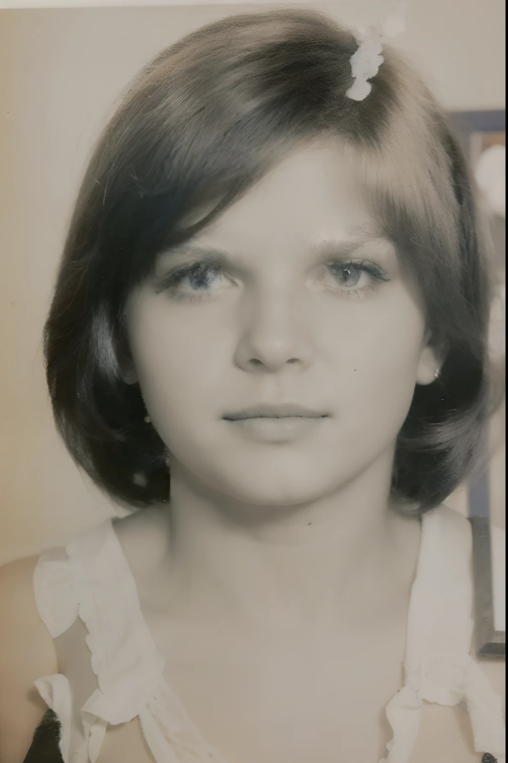 Menina , olhos azuis,cabelo loiro, foto antiga, ano 1982, vestido de babados azul