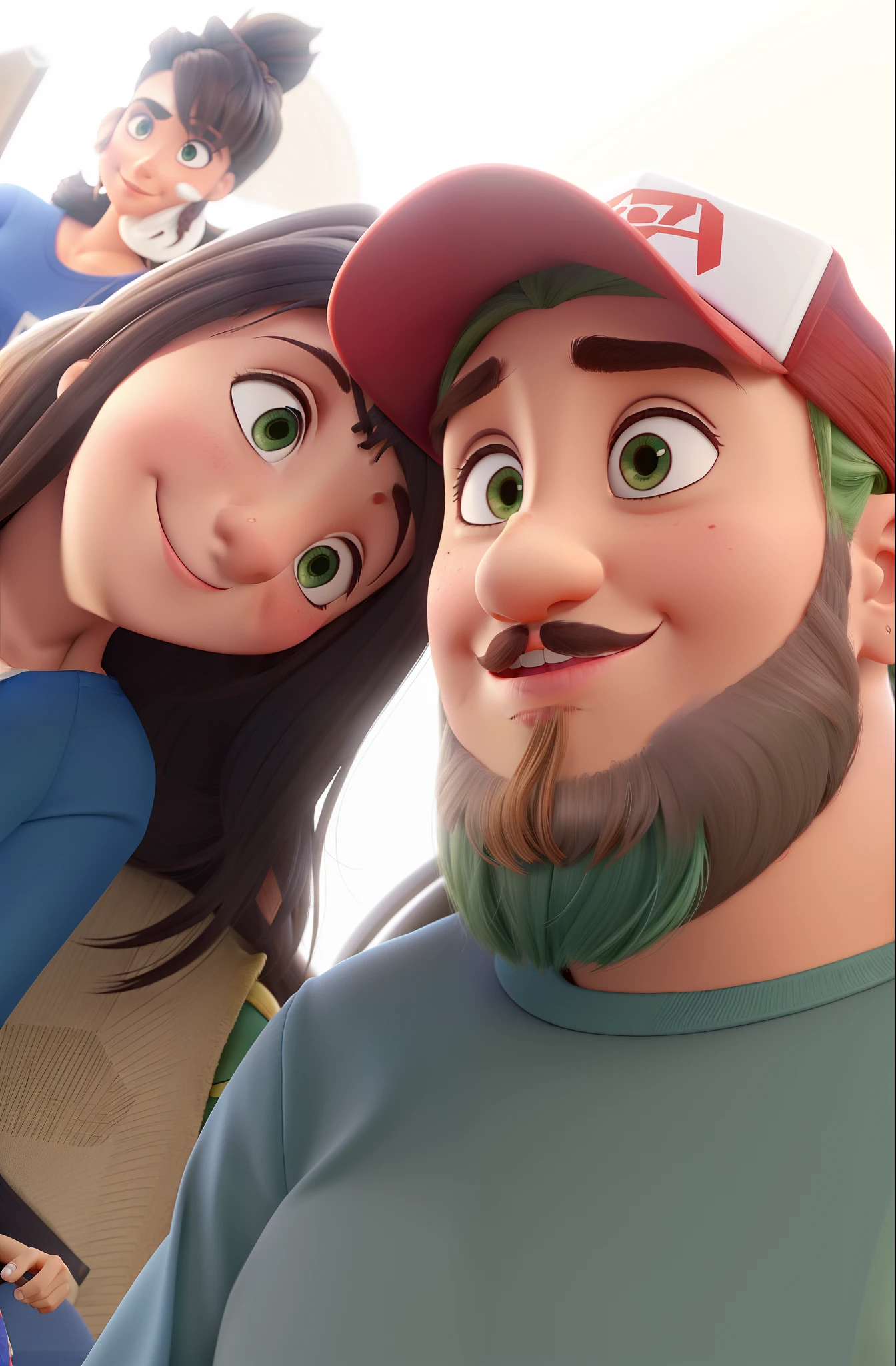 Um casal de namorados; ela morena de olhos e cabelos e castanhos escuros, nariz pequeno e com um belo sorriso. Ele de pele clara, com olhos verdes, cabelos e barba volumosa, na cor castanho claro, estilo Pixar, alta qualidade.