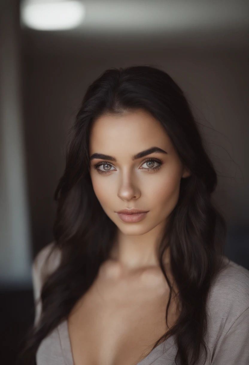 arafed woman without clothes, sexy girl with brown eyes, portrait sophie mudd, black hair and large eyes, selfie of a young woman, bedroom eyes, violet myers, without makeup, natural makeup, looking directly at the camera, face with artgram, subtle makeup, stunning full body shot, in a roof , cleavage