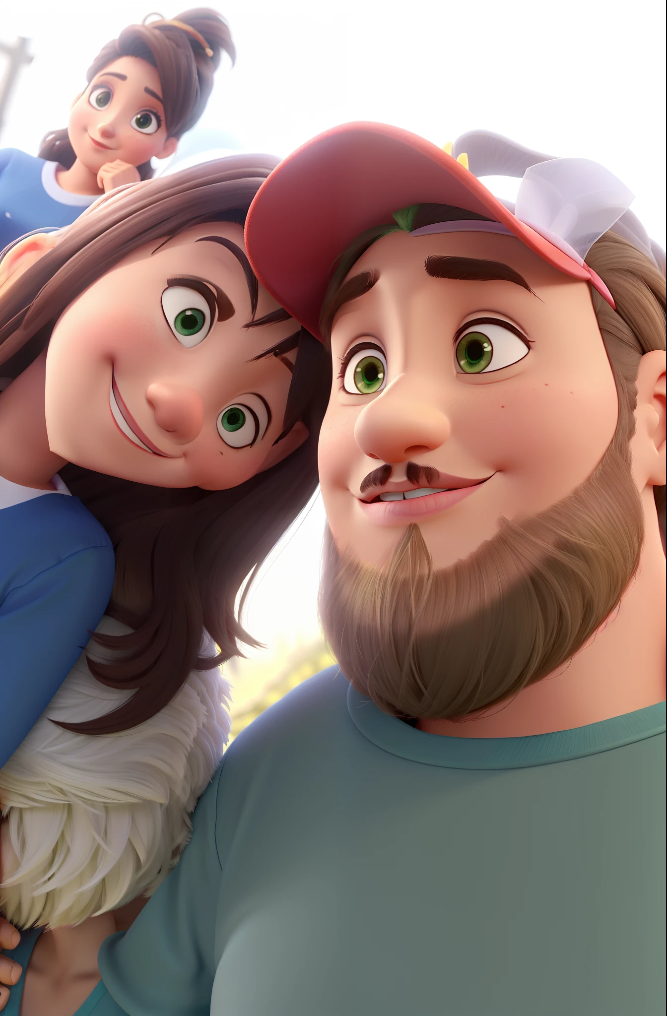 Um casal de namorados; ela morena de olhos e cabelos e castanhos escuros, nariz pequeno e com um belo sorriso. Ele de pele clara, com olhos verdes, cabelos e barba volumosa, na cor castanho claro, estilo Pixar, alta qualidade.