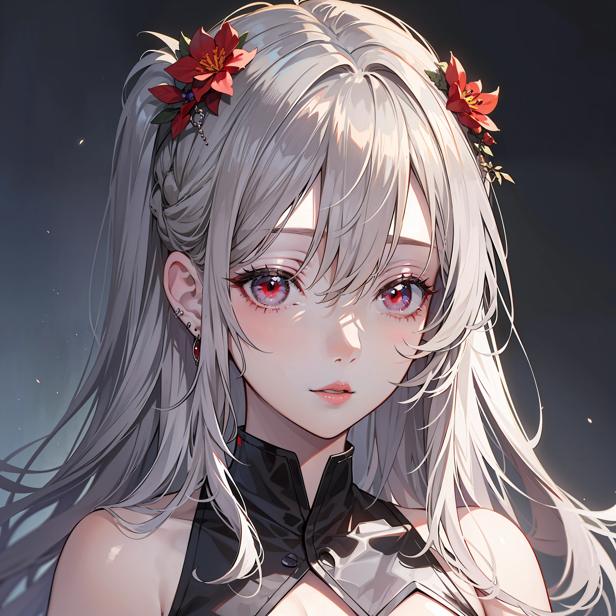 Kizi,(silber hair:1.5),Shiny hairstyle,Messy hairstyle,long whitr hair,耳Nipple Ring,(red - eyed:1.2),collofull eyes,Clear red lips,super detailing,Perfect face,Textured transparent garment,black uniforms,(perfect bodies:2.0),Retina Screen,ultra-realistic realism,style of anime,artistic décor,first person perspective,head portrait,(in a panoramic view:2.0),hyper HD。