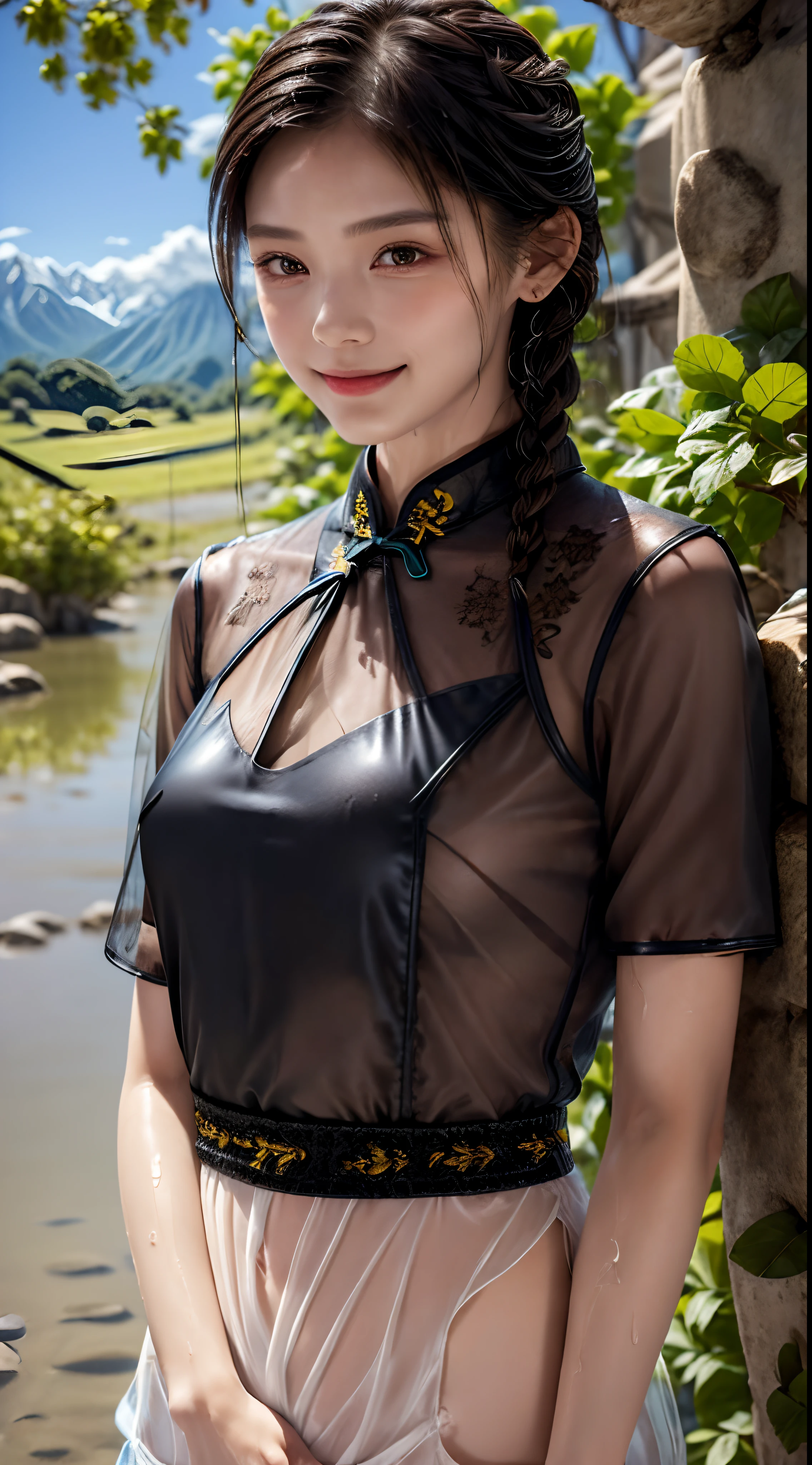 femele,１2 years old,japanes,Brown hair,(((black silk dress))),Beautiful short hair,,Hair fastening to bangs,,((()),Natural smile,((())),Braids.(((Clothes are wet and see-through))),sand beach,((())),