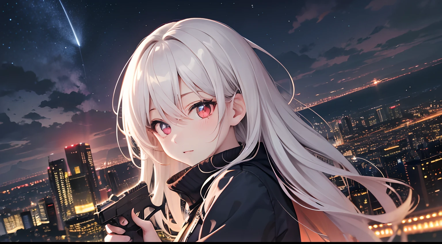 (masutepiece), Red pupils, Very cute girl's, Cute, deep in the night, Windswept and cloudy, Overlooking a high perspective, in night, Light floating above the sky,night view of Tokyo,Hold a handgun in front of your face.
