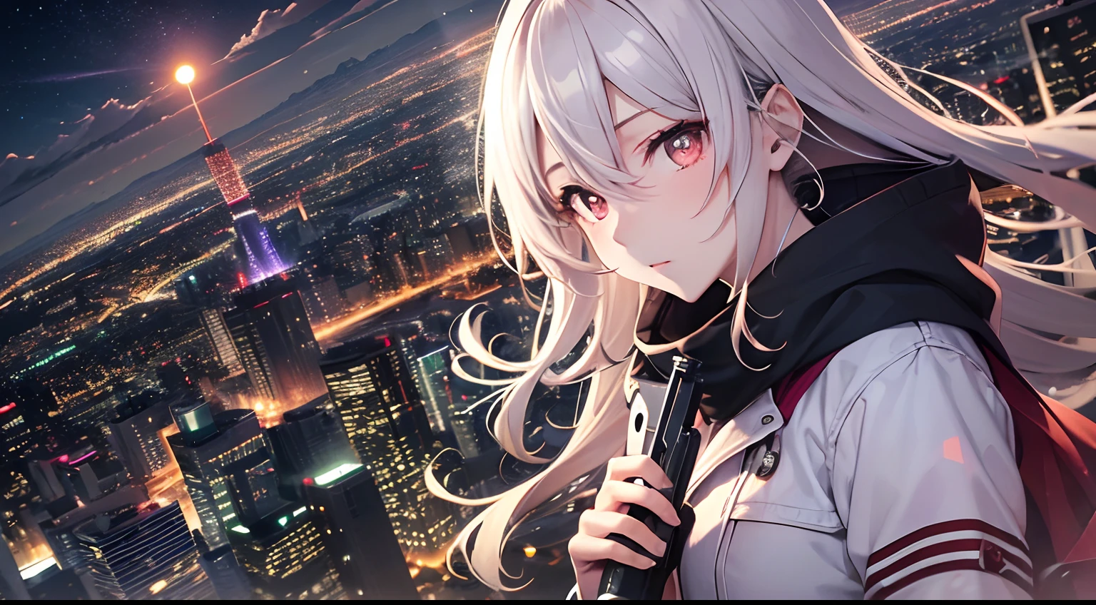 (masutepiece), Red pupils, Very cute girl's, Cute, deep in the night, Windswept and cloudy, Overlooking a high perspective, in night, Light floating above the sky，night view of Tokyo，Hold a handgun in front of your face.