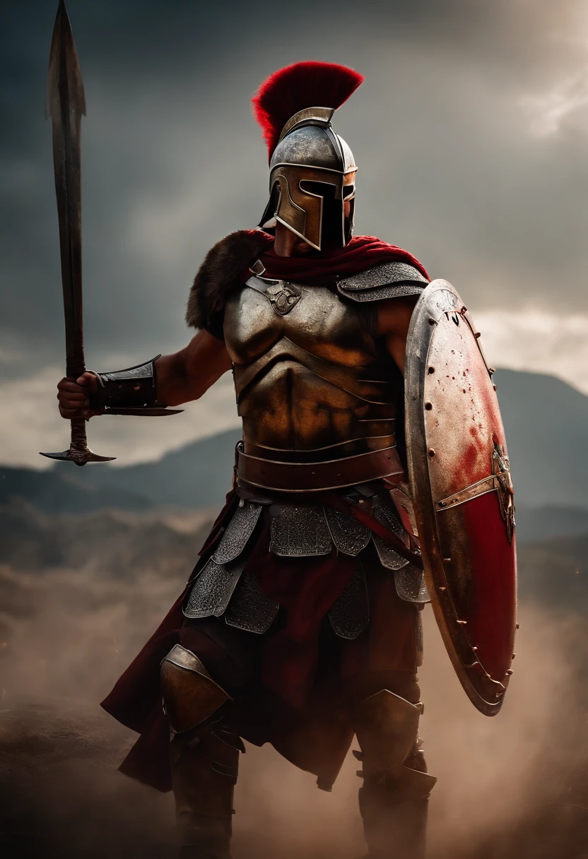 spartan warrior, fighting , bloody armor, epic, 8k, risin arms