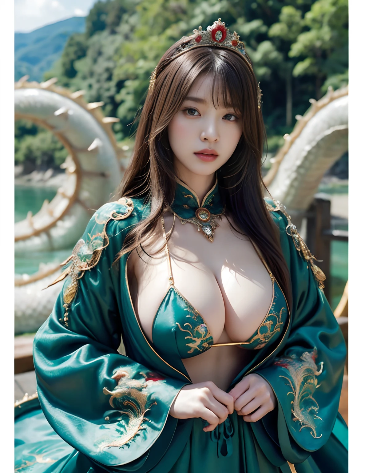 (heavy breasts)、top-quality、masterpiece、超A high resolution、(Blue Dragon Armor)、(((Colossal tits))),dragon armor、(((Detailed Micro Bikini))),(Wearing a beautiful crown made of jewels),(Photorealsitic:1.4)、Raw photo、1人、(((Random hair))、(((Take different poses)))、glowy skin、(((Chinese Dragon)))、Intricate and ornate hair ornaments、(Gorgeous Jewelry Necklaces)、(Mystical expression)、(Full Body Angle)、(Fight big dragons)、With a beautiful knife、(Metal bikini)、((beautiful lake background)),(beautiful forest background)、Precipitous cliffs、(Castle background)、((super realistic details))、portlate、globalillumination、(sexypose)、Shadow、octan render、(One-Eyed Scouter)、8K、ultrasharp、Colossal tits、Raw skin is exposed in cleavage、metals、Details of complex ornaments、Japan details、highly intricate detail、Realistic light、CGSoation Trends、Blue eyes、radiant eyes、Facing the camera、Precipitous cliffs、Toostock、(Full Body Angle)、(veils)、(((Heavy Big))),