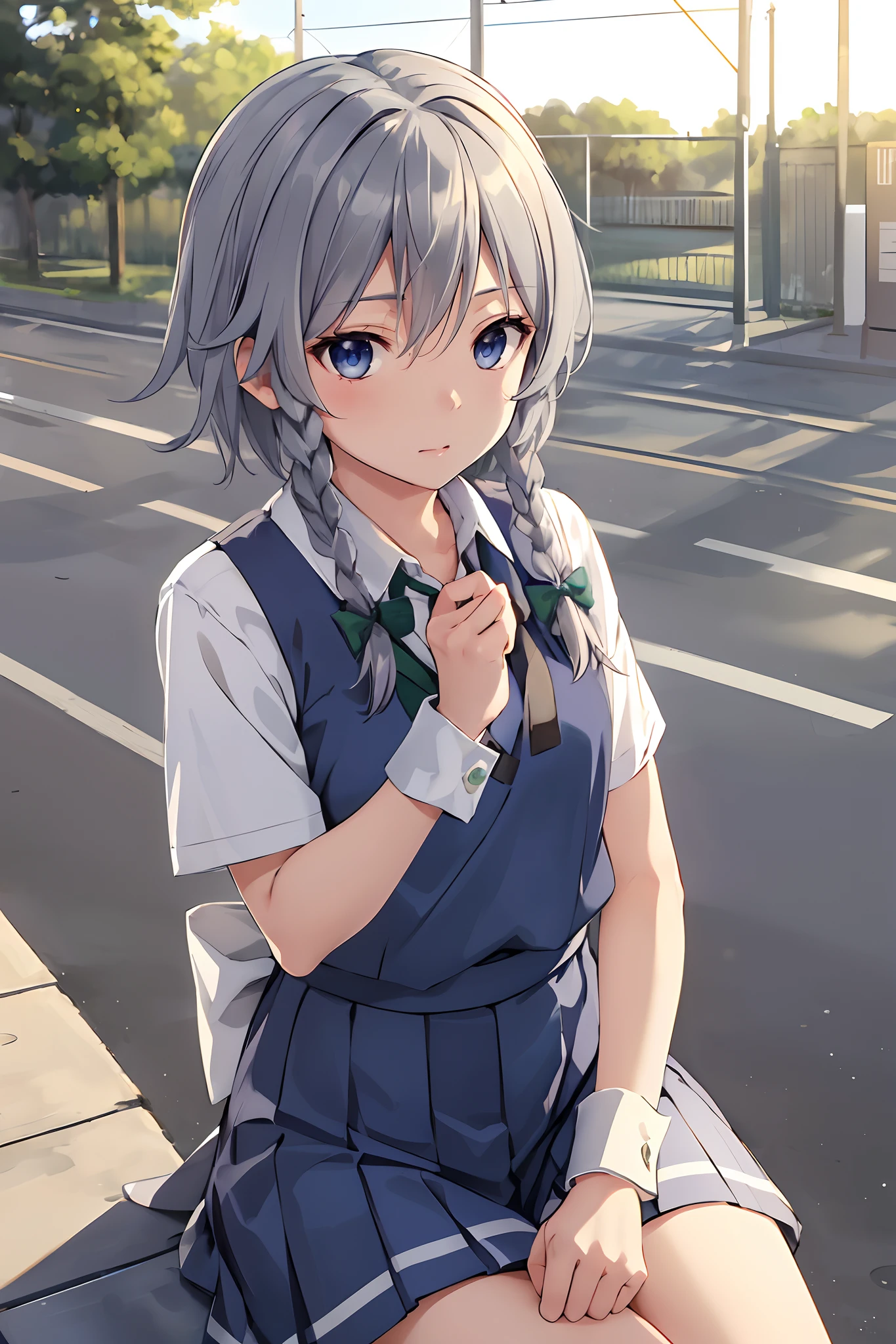 1girl, 8k, (masterpiece, best quality, perfect lighting, direct lighting:1.2), from below, beautiful clear sky,
a photo of a cute girl, izayoi sakuya,school gate, outdoors,cowboy shot,sitting, expressionless
BREAK
blue eyes, braid, grey hair,twin braids, short hair, school uniform,wrist cuffs, bow, hair bow, short sleeves, ribbon,