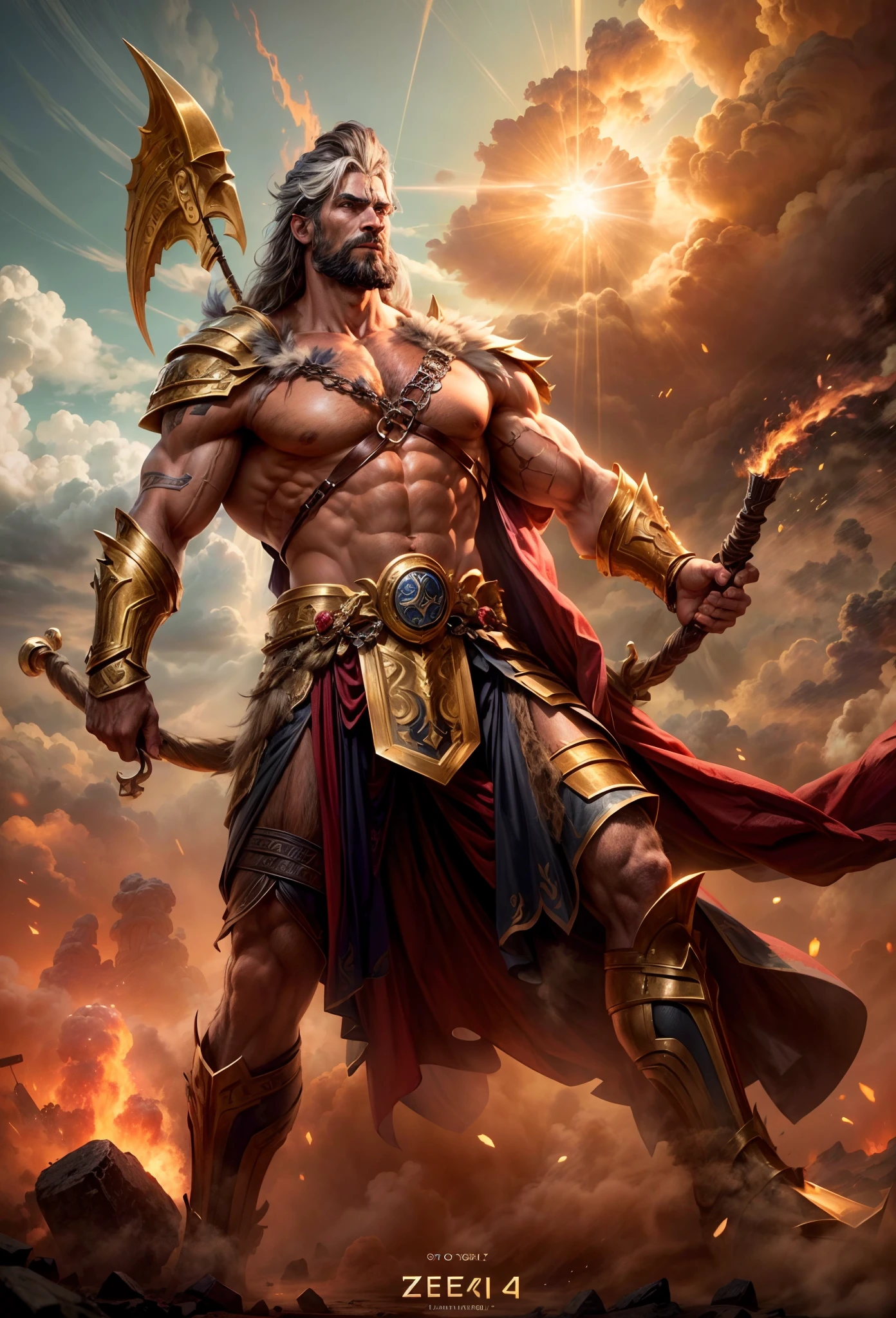 Battle of the Gods, The world was destroyed, Zeus and Hades are at war,Giant Titan,(1.4x realism,8K, hyper HD, Masterpiece, ccurate, Textured skin, High details, Best quality, Award-Awarded,Long-range shooting,Sense of distance,From the side Side, Anatomically correct, Textured skin, Super detail)