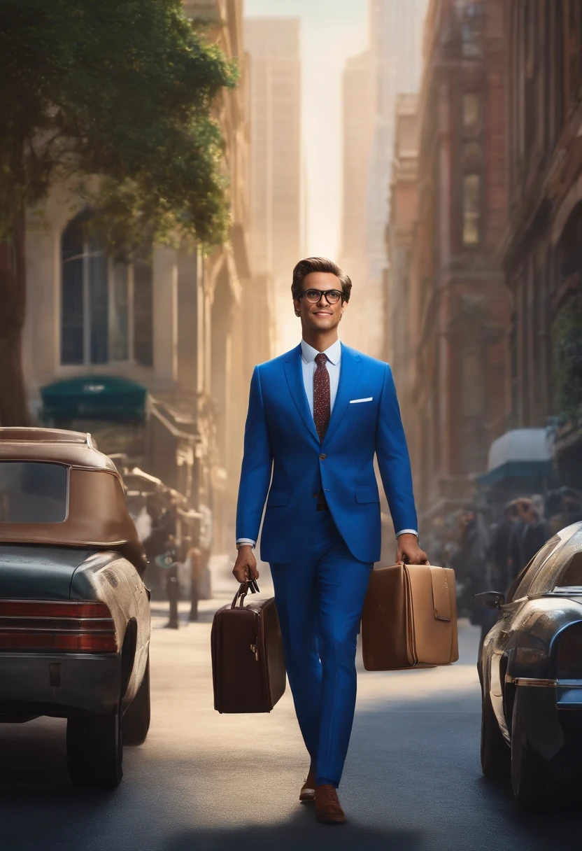 The main character is a white lawyer, sorridente, com olhos castanhos, cabelo curto e escuro, Wearing a blue suit and tie and wearing glasses.
