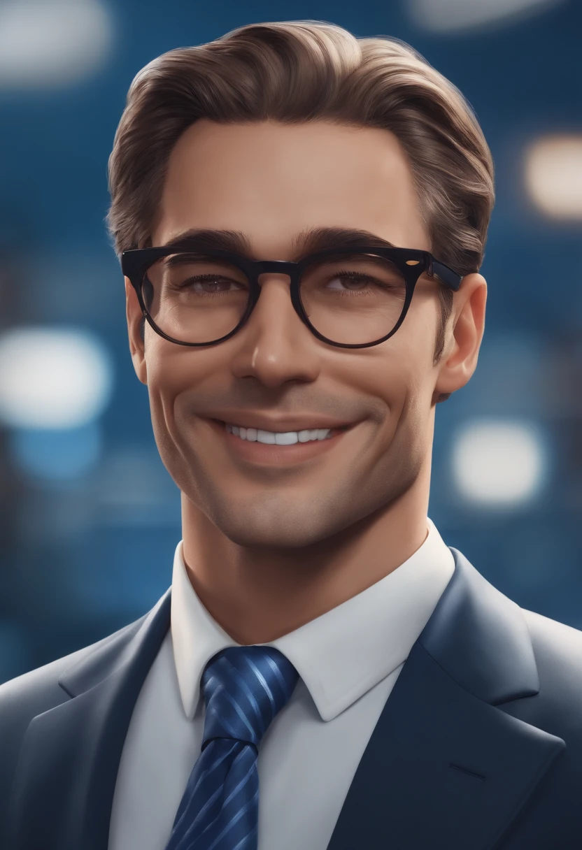 The main character is a white lawyer, sorridente, com olhos castanhos, cabelo curto e escuro, Wearing a blue suit and tie and wearing glasses.