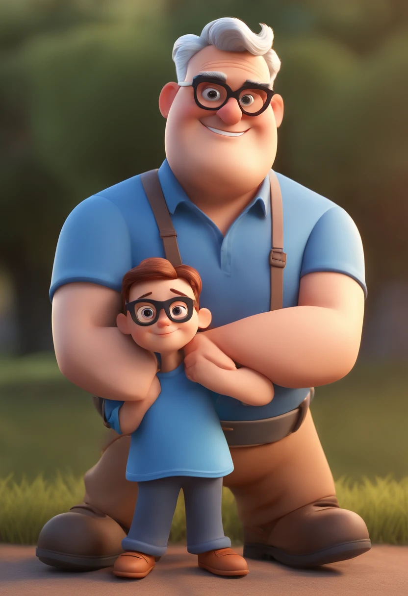 Cartoon character of a couple in black glasses and blue shirt, chubby man with gray hair a pixar type animated character, Stylized character, animation style rendering, 3D stylized, Arnold Maya render, 3 d render stylized, toon render keyshot, 3D Character, 3D Character, 3d rendering stylized, 3 d character render, cartoon character, Close up character, Character pose, (Pixar style) (master part:1.2) (Bokeh) (best quality) (detailed skin) (detailed texture ) (8k) (clay) (Cinematic lighting) (sharp focus，Sits and leaks the upper body