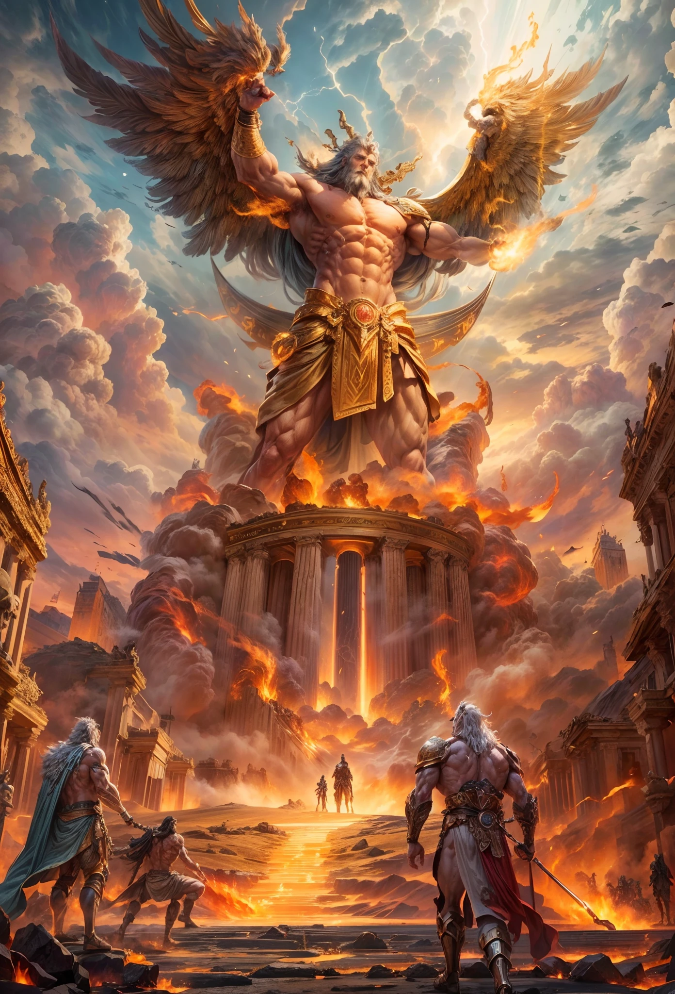 Battle of the Gods, The world was destroyed, Zeus and Hades are at war，Giant Titan，(1.4x realism，8K, hyper HD, Masterpiece, ccurate, Textured skin, High details, Best quality, Award-Awarded，Long-range shooting，Sense of distance，from side, anatomically correct, textured skin, super detail)