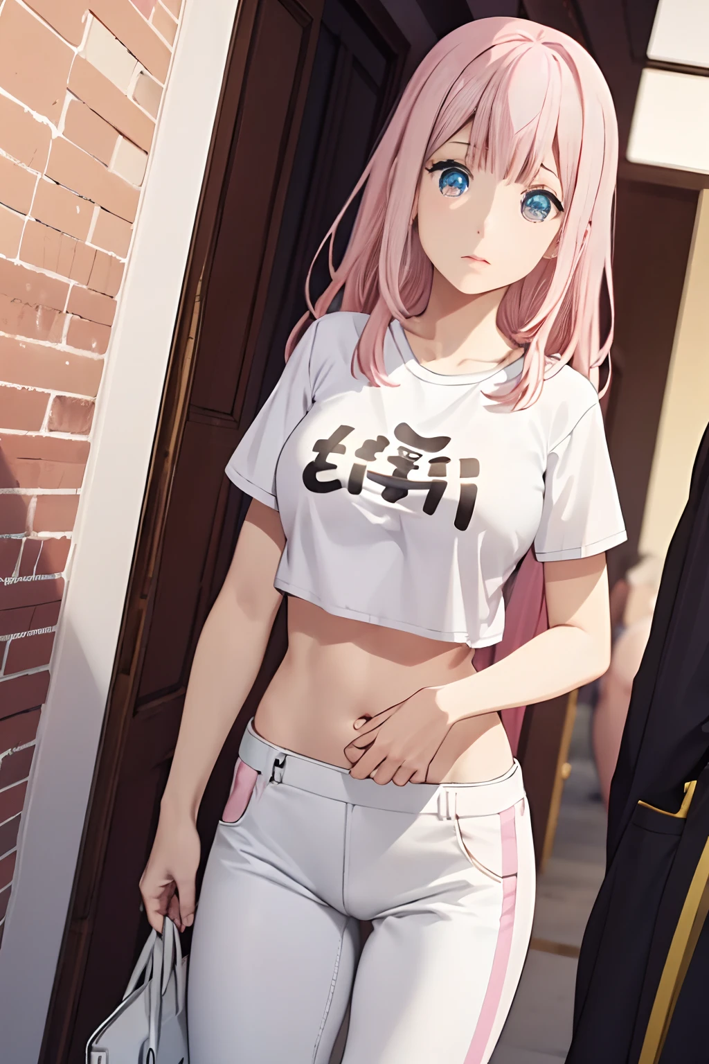 realisticlying、女の子 1 人、Pink hair、length hair、Small black ribbon、radiant eyes、(Colossal tits), White T-shirt, croptop, leather pant、Shoot from the front, Open your crotch wide, Hands on the buttocks