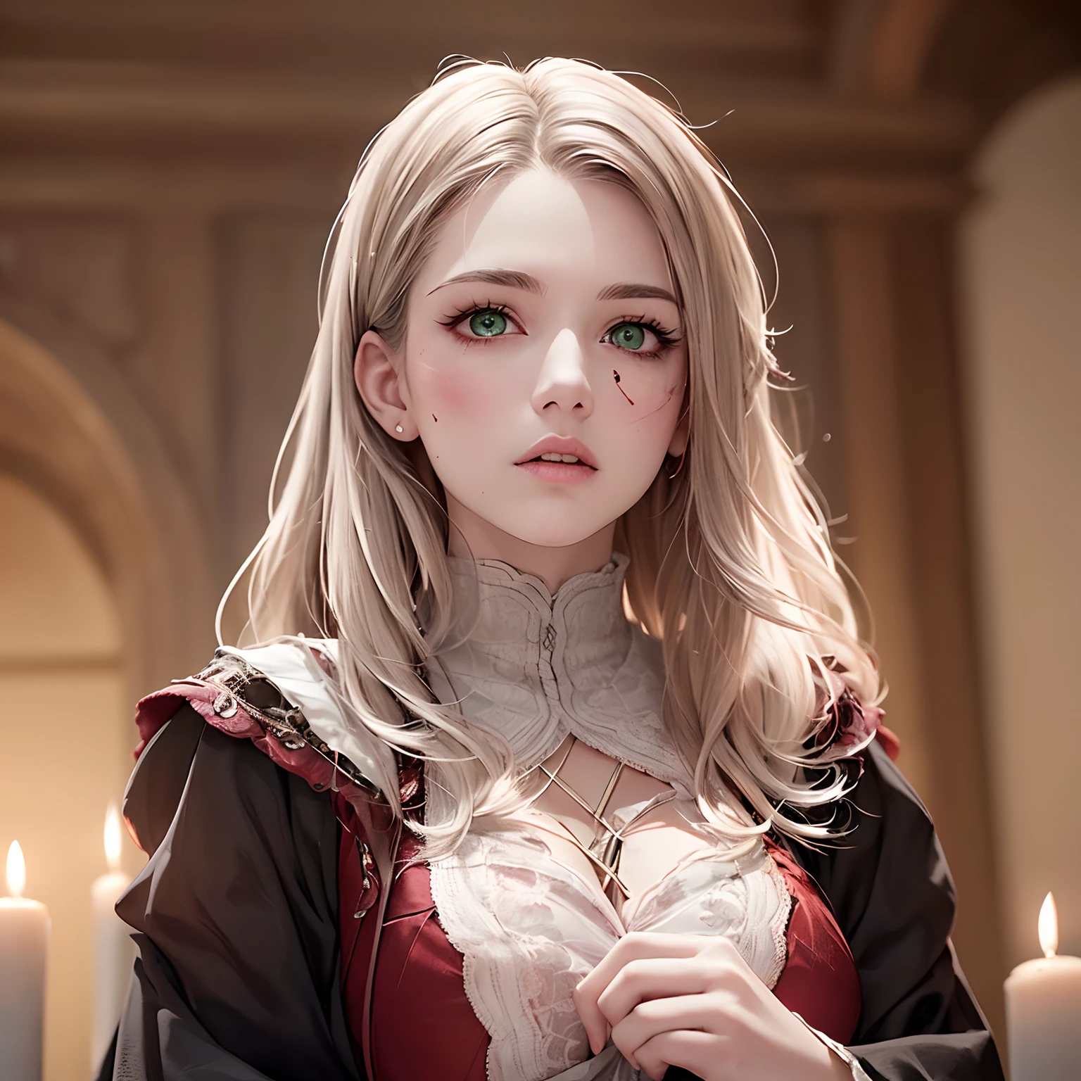 (((a deep reddish wound crosses her left cheek))) fair complexion, woman around 18 years old, natural white hair, distinctive green eyes, wearing kohl, slender and graceful, beautiful, candlelight in a medieval setting, ultra sharp focus, realistic shot, medieval female clothes, tetradic colors (scar:1.4) --auto --s2