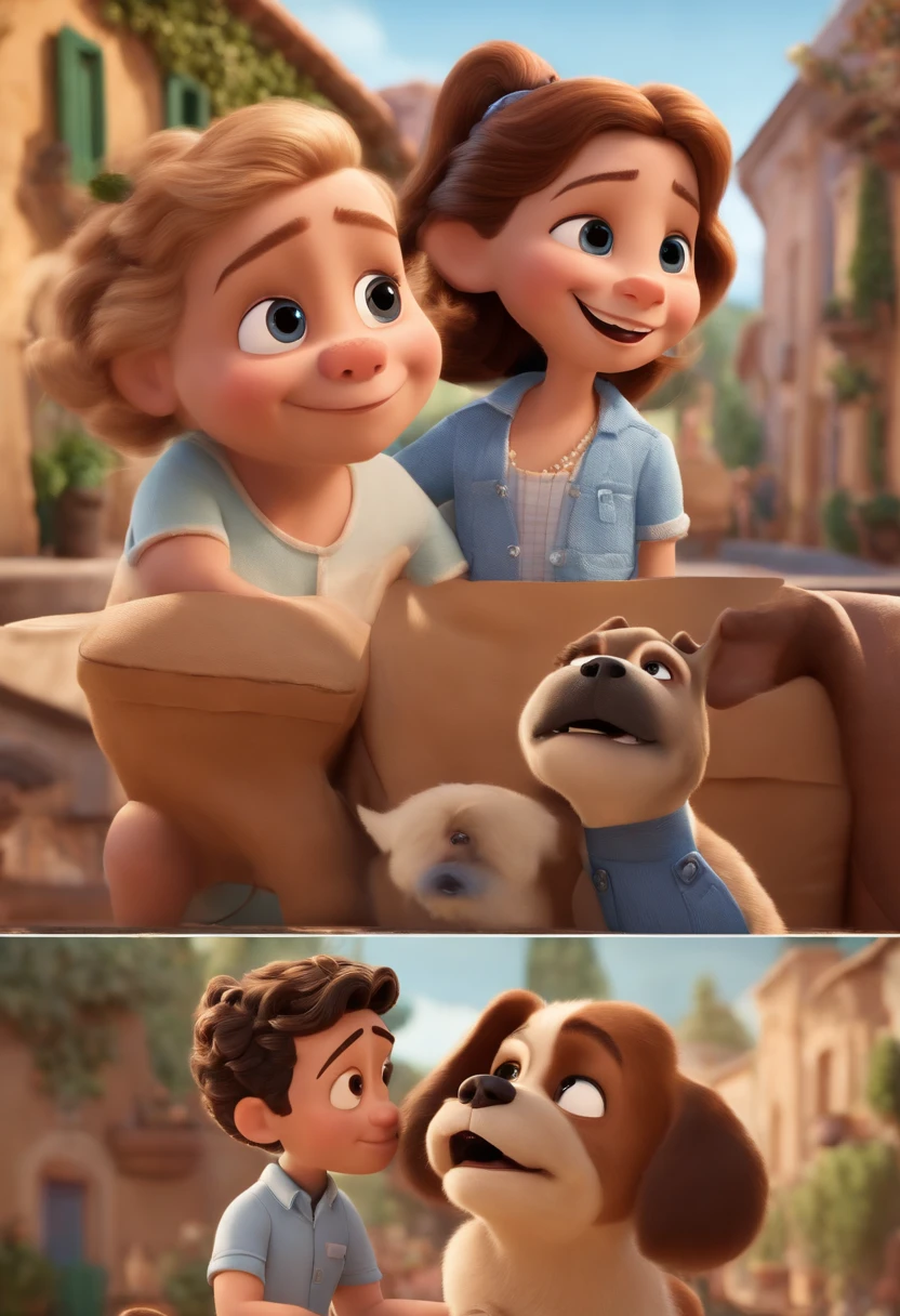 Pixar. Casal com dois filhotes de cachorro bulldog frances um marrom e um branco. A menina tem cabelo loiro e esta vestida de noiva. O menino de cabelos pretos com barba e bigode, He wears a light blue dress shirt and beige pants. They are both smiling and are 33 years old