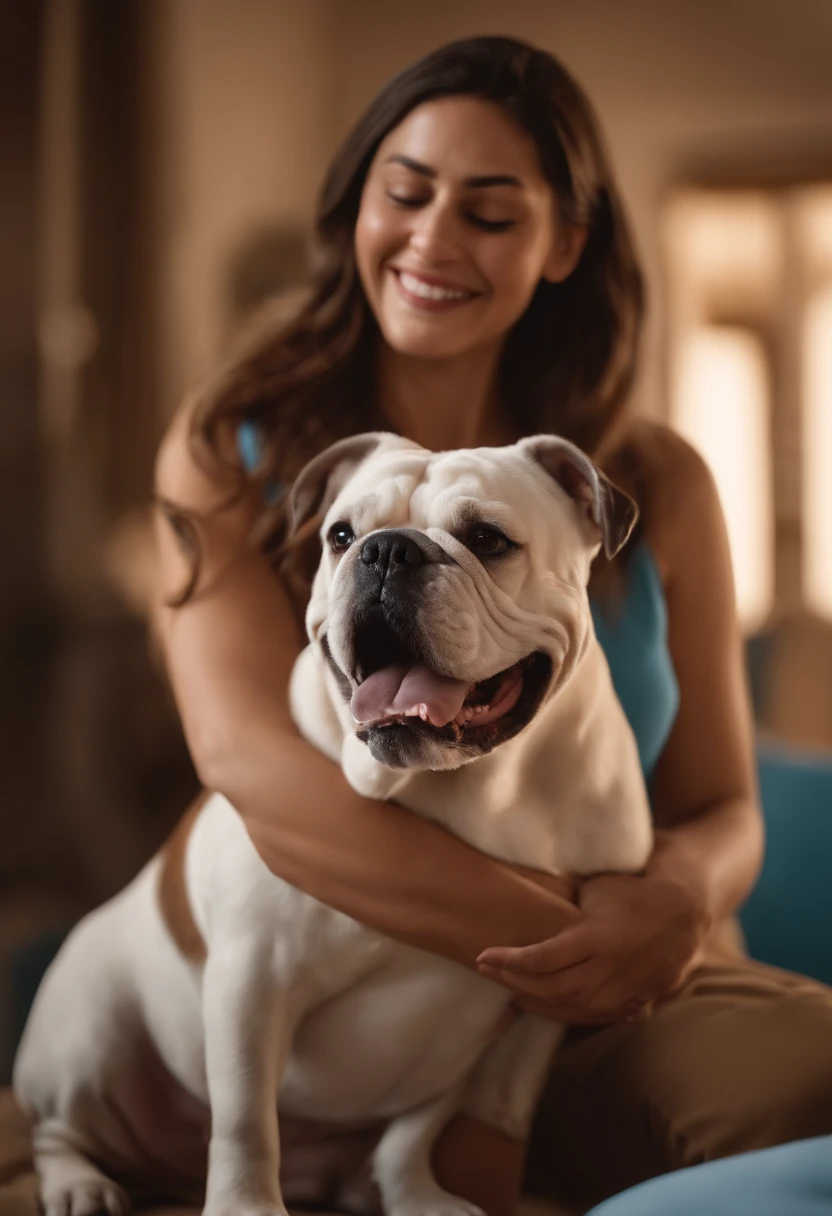 Pixar. Casal com dois filhotes de cachorro bulldog frances um marrom e um branco. A menina tem cabelo loiro e esta vestida de noiva. O menino de cabelos pretos com barba e bigode, He wears a light blue dress shirt and beige pants. They are both smiling and are 33 years old