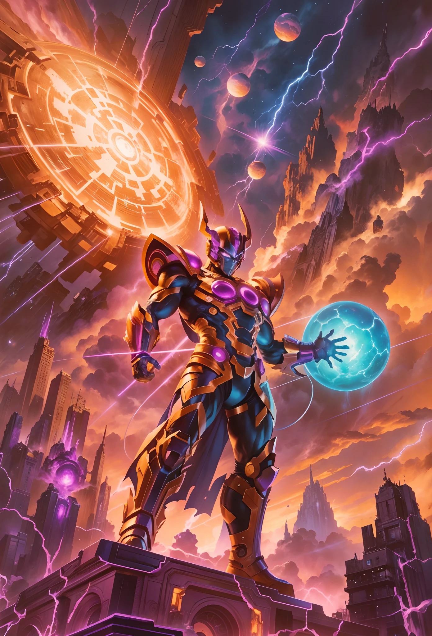 Marvel hero Galactus,The huge Galactus reaches out and grabs you, milky ways, Marvel's dark supervillain Galactus wears a mechanical costume,celestial armor,glittery, The sky was surrounded by lightning, The God of Darkness sits on Tron, full portrait of electromancer, Galactus from Marvel, psionic, Raziel,inspired by Joe Jusko, mark brooks detailed, Asgard German, Moebius + Art germ,overlooks,Look from the bottom up,mini city,Small building