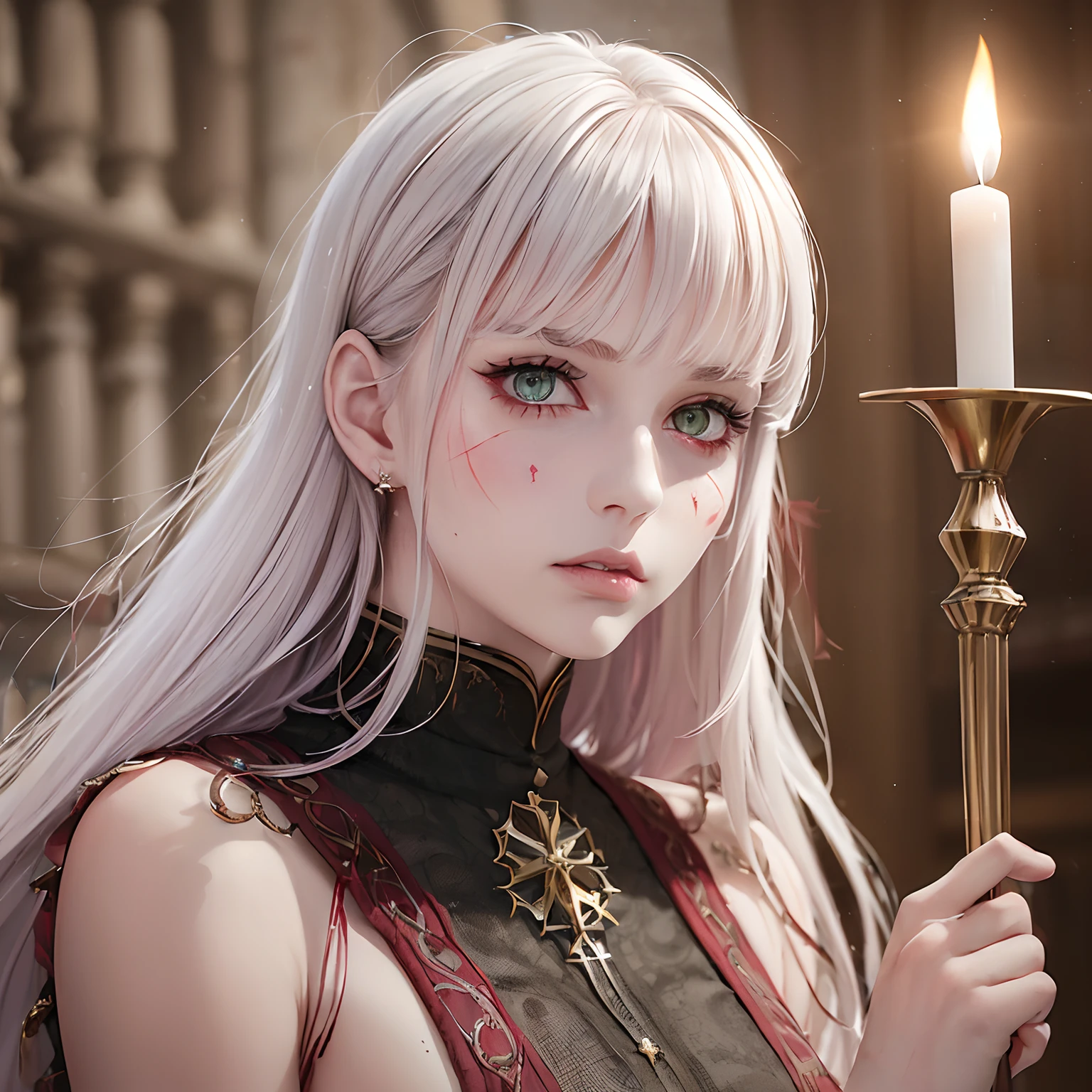 (((a deep reddish wound crosses her left cheek))) fair complexion, woman around 18 years old, natural white hair, distinctive green eyes, wearing kohl, slender and graceful, beautiful, candlelight in a medieval setting, ultra sharp focus, realistic shot, medieval female clothes, tetradic colors (scar:1.4) --auto --s2