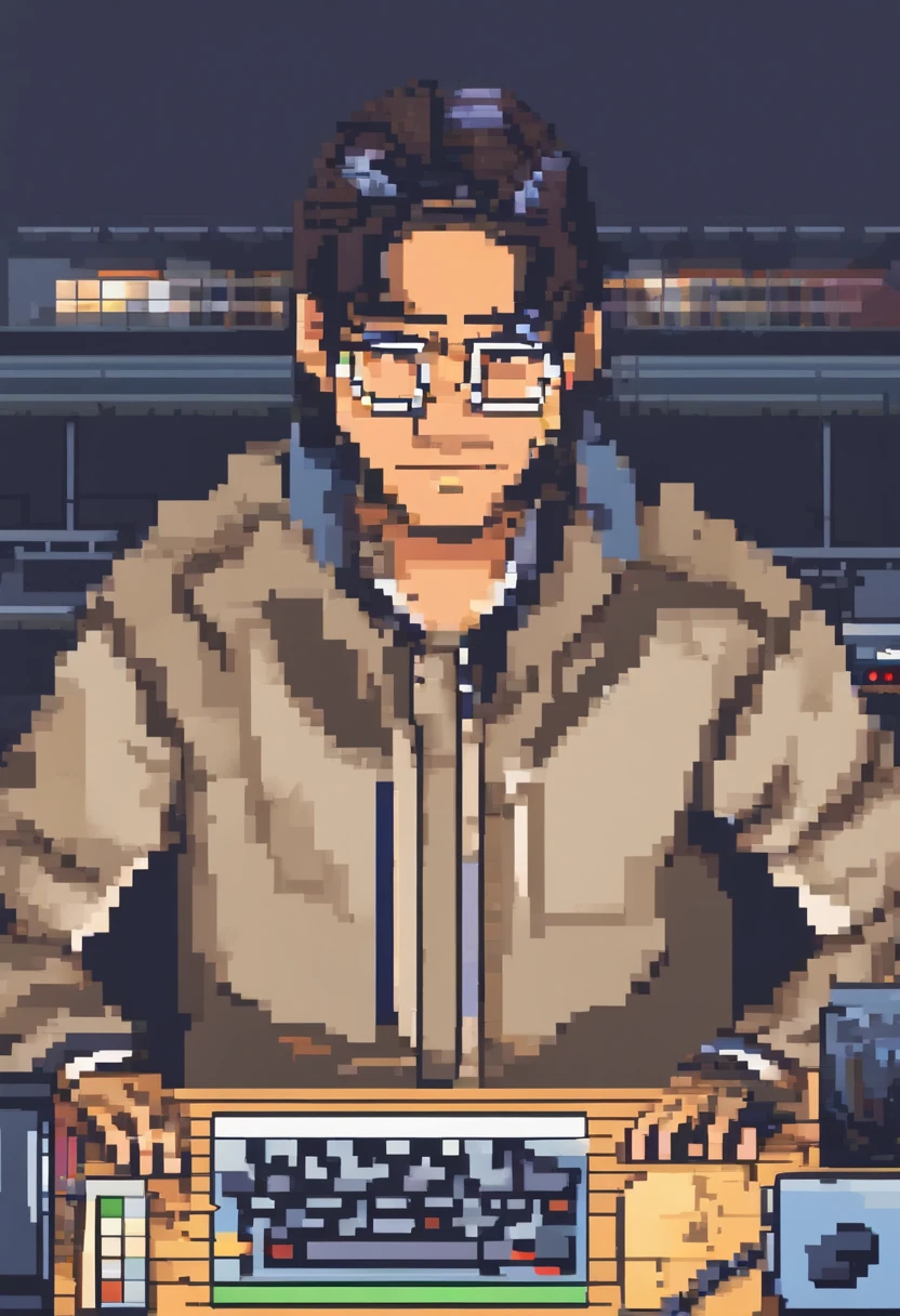portrait of a asian programmer sitting front of computer, best quality, photorealistic, masterpiece