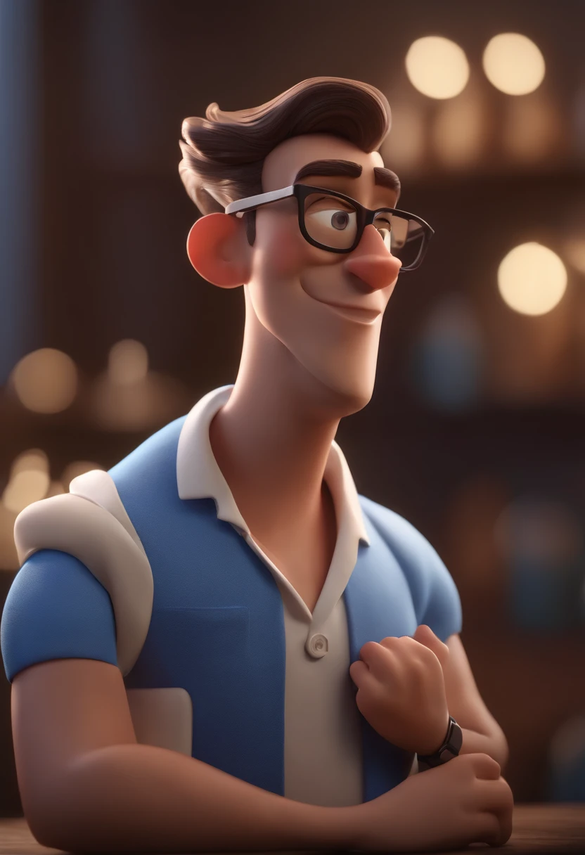 Cartoon character of a man wearing black glasses and a blue shirt, um personagem animado, Caractere estilizado, animation style rendering, 3D estilizado, Arnold Maya render, 3 d render stylized, toon render keyshot, Personagem 3D, Personagem 3D, 3d rendering stylized, 3 d character render, personagem de desenho animado, Personagem de close up, Pose de personagem, (Estilo Pixar) (master part:1.2) (Bokeh) (best quality) (pele detalhada) (textura detalhada) (8k) (argila) (Cinematic lighting) (foco nítido，Senta e vaza a parte superior do corpo