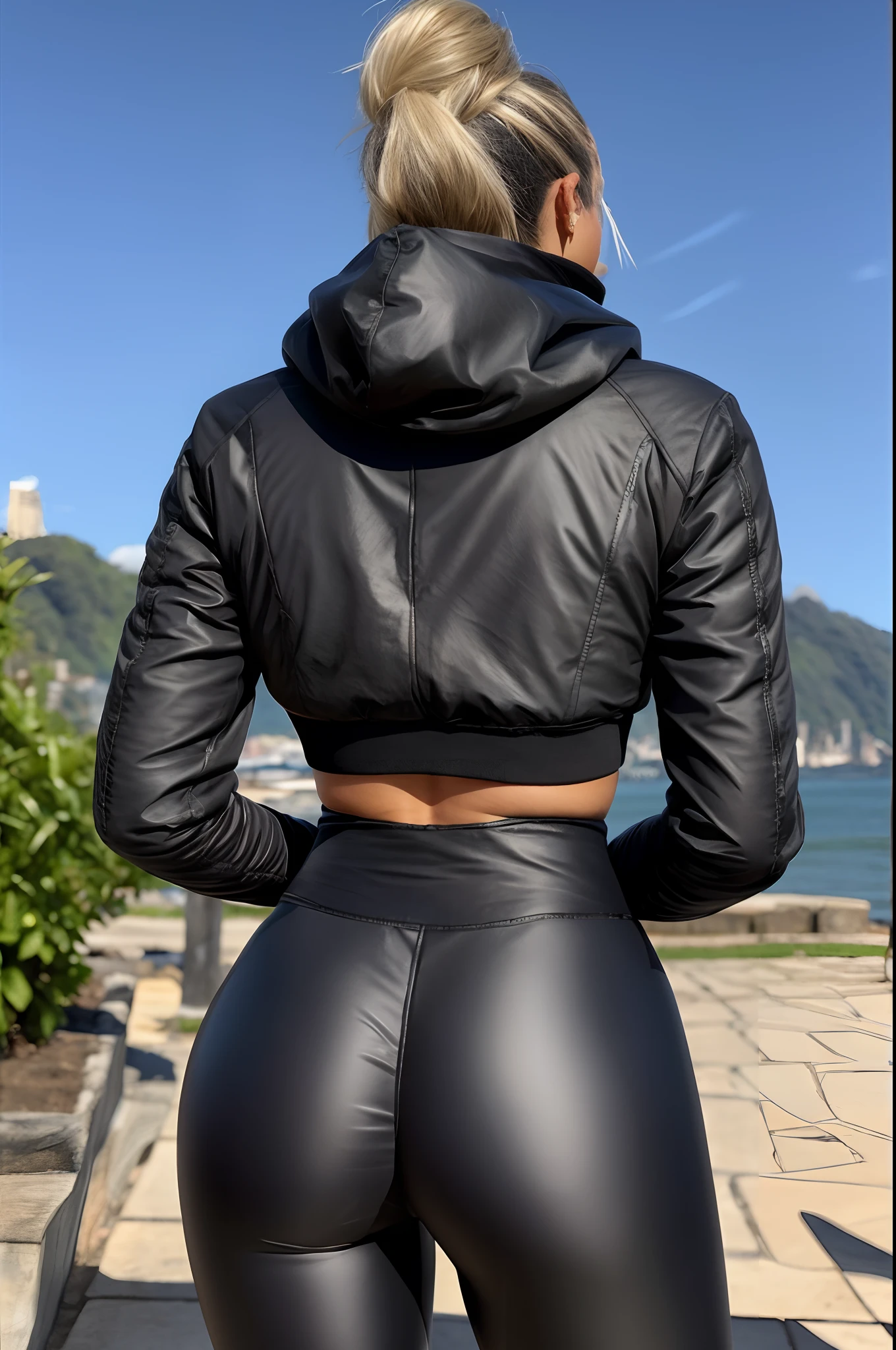 Araffe em uma jaqueta preta e leggings pretas em frente a um rio, usando roupas pretas apertadas, frio como gelo! 🧊, roupa apertada, Black jacket | reluzente, jaqueta sobre tronco nu, thicc, Black jacket, traje apertado, leggings pretas, imagem de perfil, Jet Black Leggings, roupas pretas estanques, Leggings Pretas