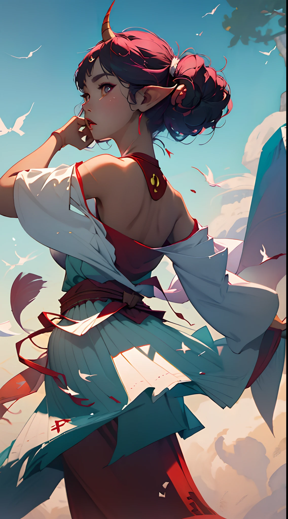 Miko, one horn in head, fly, fluttering clothes, shoot on back, look at back, lunar background, bring a stick,