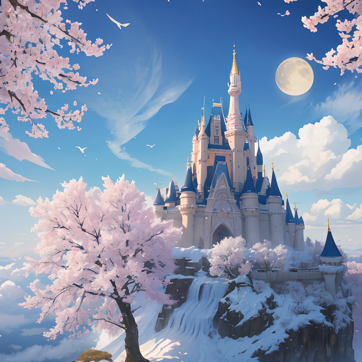 masterpiece、hightquality、Realistic、landscape shot、life-like、A detailed、Like the photo、Castle shining in the sky、Castle of the God of the Sky、Castle in the Sky、Flying Castle、Castle of Glory、Castle above the clouds、The cherry tree々A lush castle surrounded by、Sakura blizzard、Falling waterfall、a moon