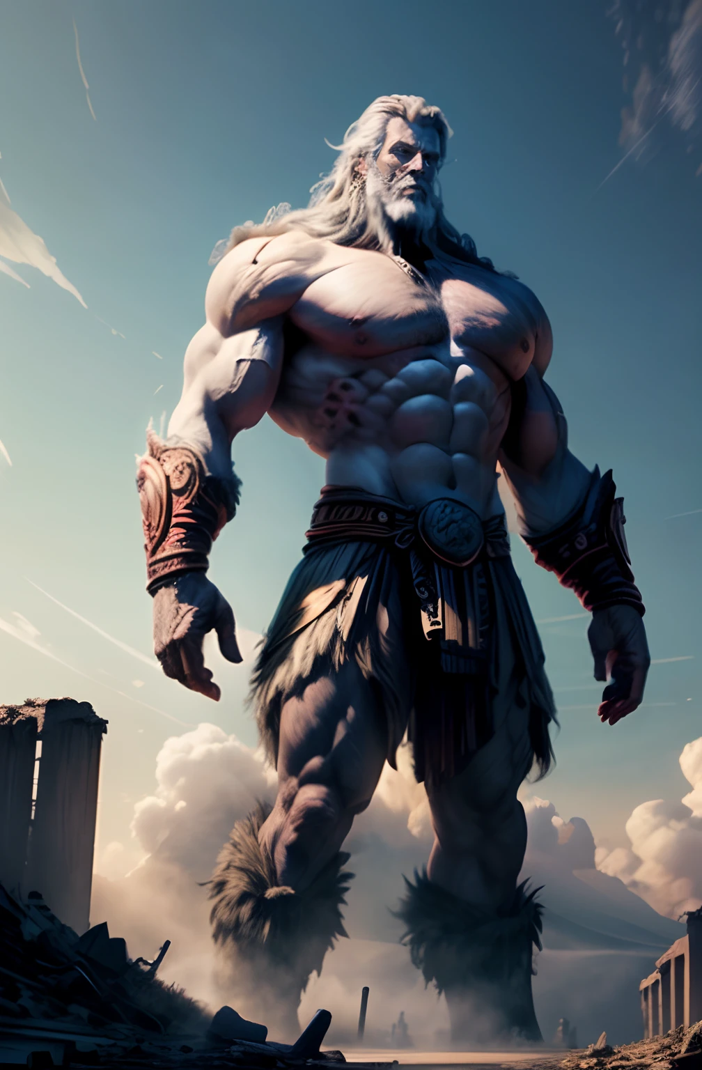 (8K, RAW photo, Best quality, Masterpiece:1.1), (Realistic:1.1), (Photorealistic:1.2), (highdetailskin:1.2), 8K UHD, Digital SLR, Soft lighting, filmgrain, Fujifilm XT3, Best quality, Beautiful lighting ,(Giant Titan),in the destruction of the human world, The human world is at your feet,