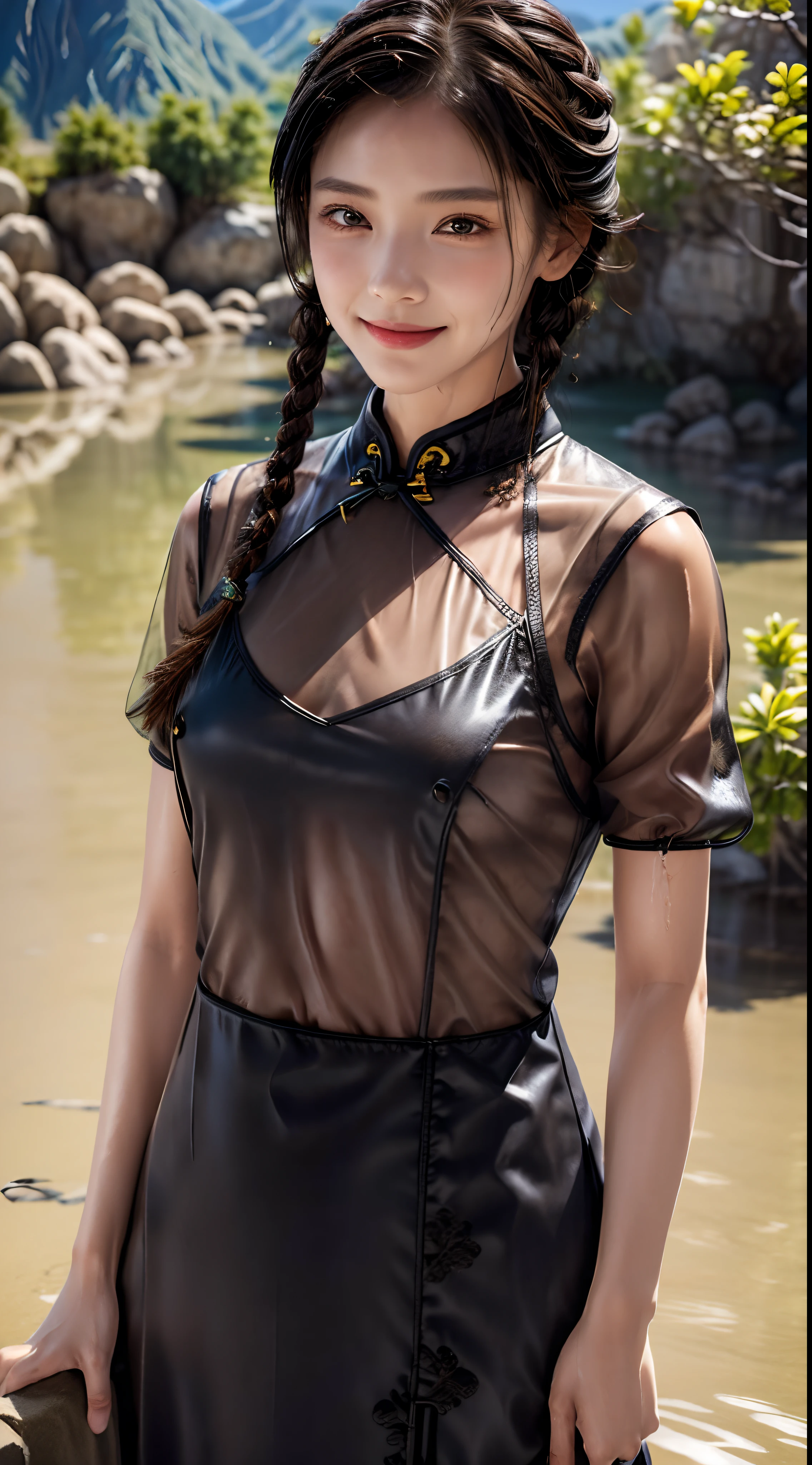 femele,１2 years old,japanes,Brown hair,(((Black cheongsam))),Beautiful short hair,,Hair fastening to bangs,,((()),Natural smile,((())),Braids.(((Clothes are wet and see-through))),sand beach,((())),