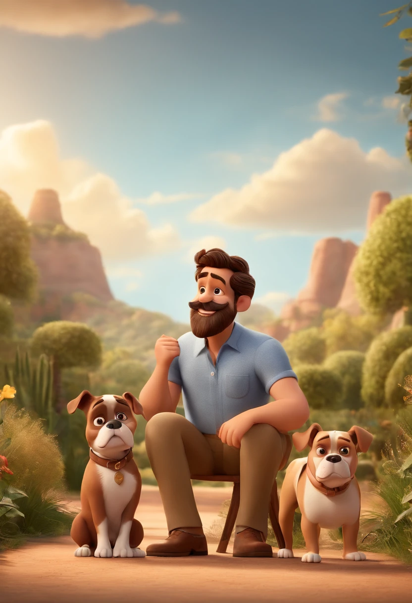 Pixar. Casal com dois filhotes de cachorro bulldog frances um marrom e um branco. A menina tem cabelo loiro e esta vestida de noiva. O menino de cabelos pretos com barba e bigode, He wears a light blue dress shirt and beige pants. They are both smiling and are 33 years old